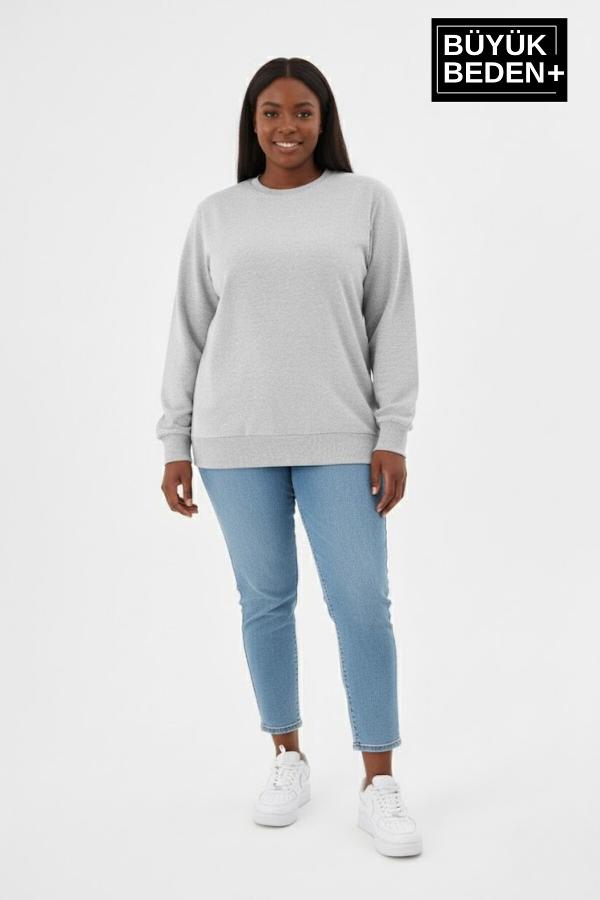 Kadın Büyük Beden Bisiklet Yaka Kollar ve Etek Ribanalı İnce Sweatshirt SPR26BSWK956