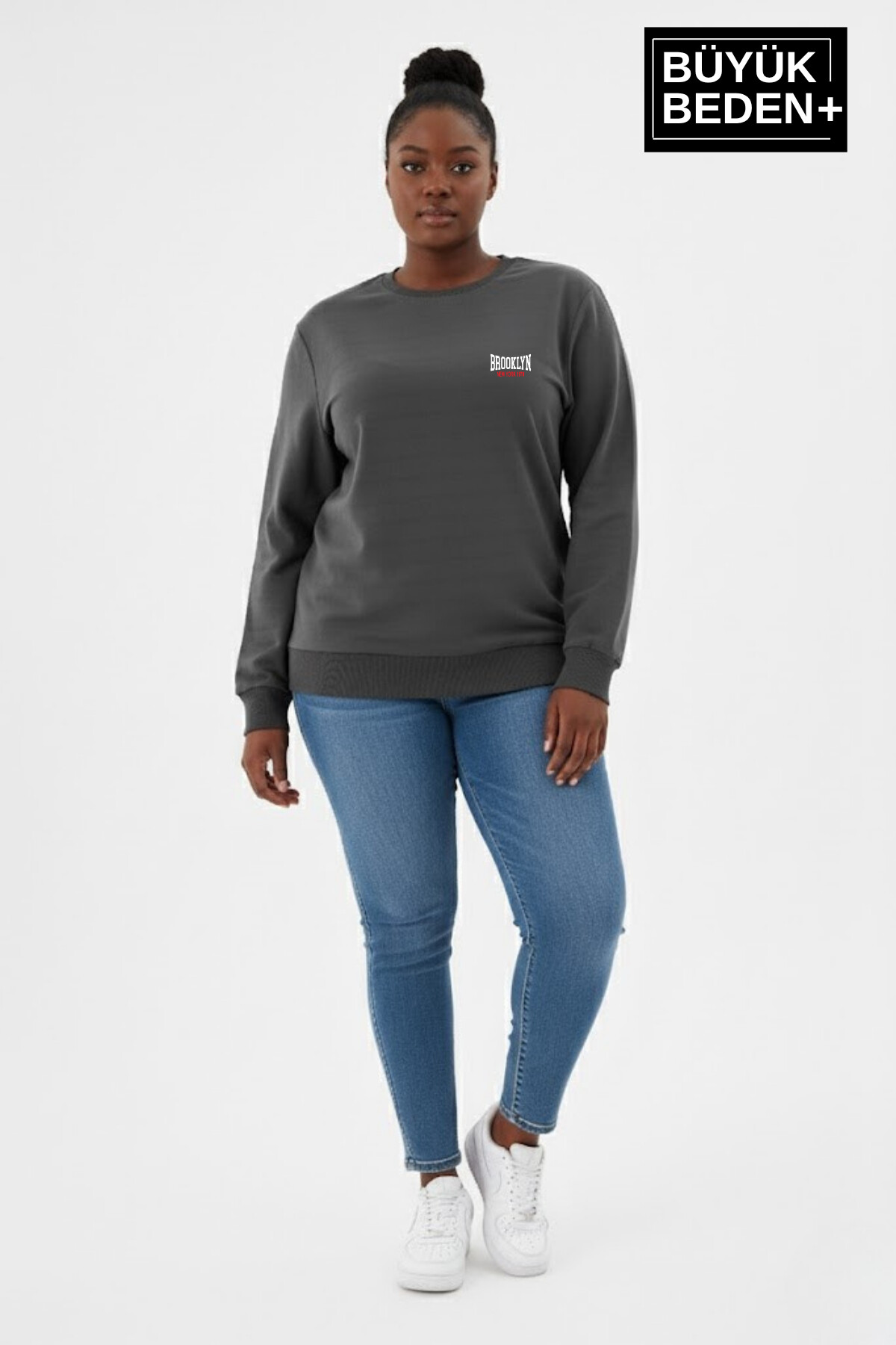 Kadın Büyük Beden BROOKLYN 1970 Baskılı Bisilet Yaka İnce Sweatshirt SPR26BSWK956-3