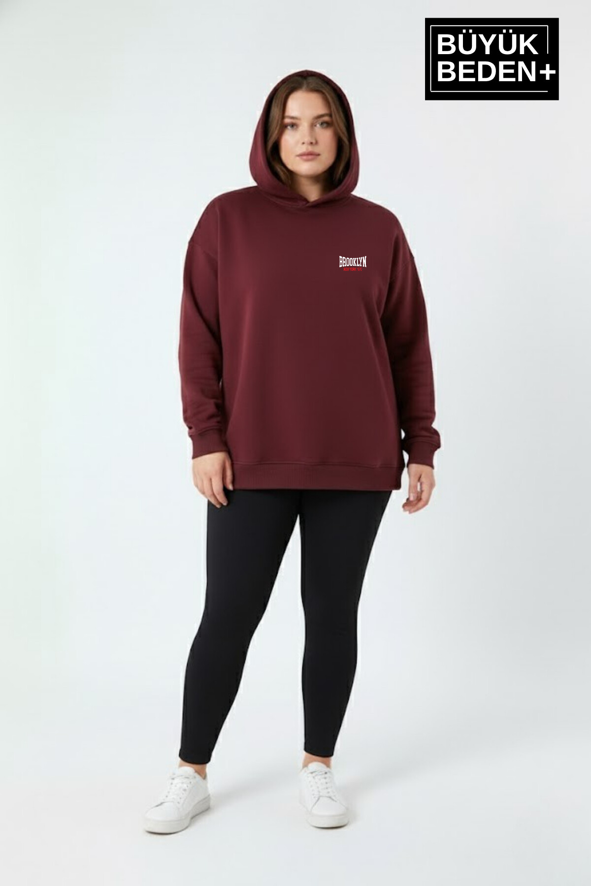 Kadın Büyük Beden Brooklyn 1970 Baskılı Kapüşonlu ince Sweatshirt SPR26BSWK964
