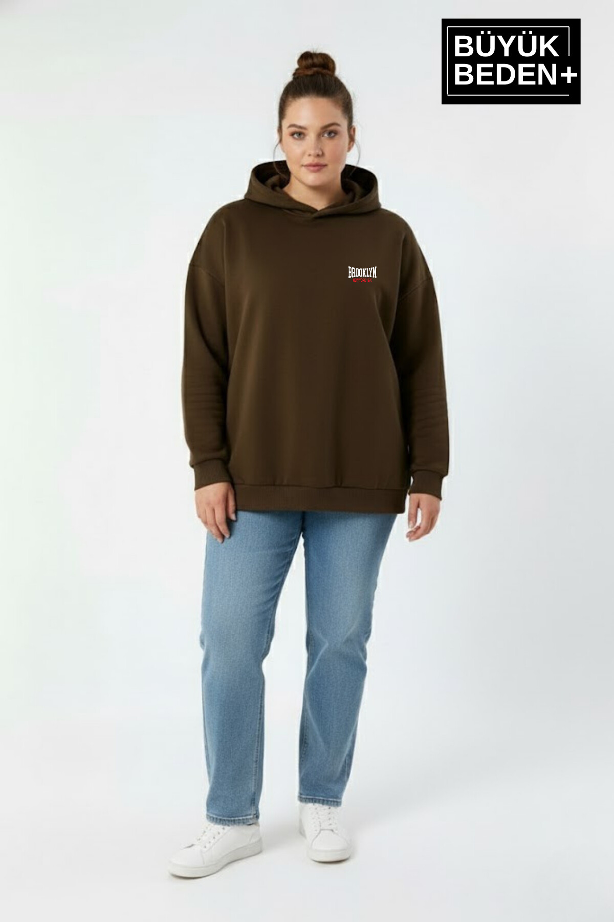 Kadın Büyük Beden Brooklyn 1970 Baskılı Kapüşonlu ince Sweatshirt SPR26BSWK964