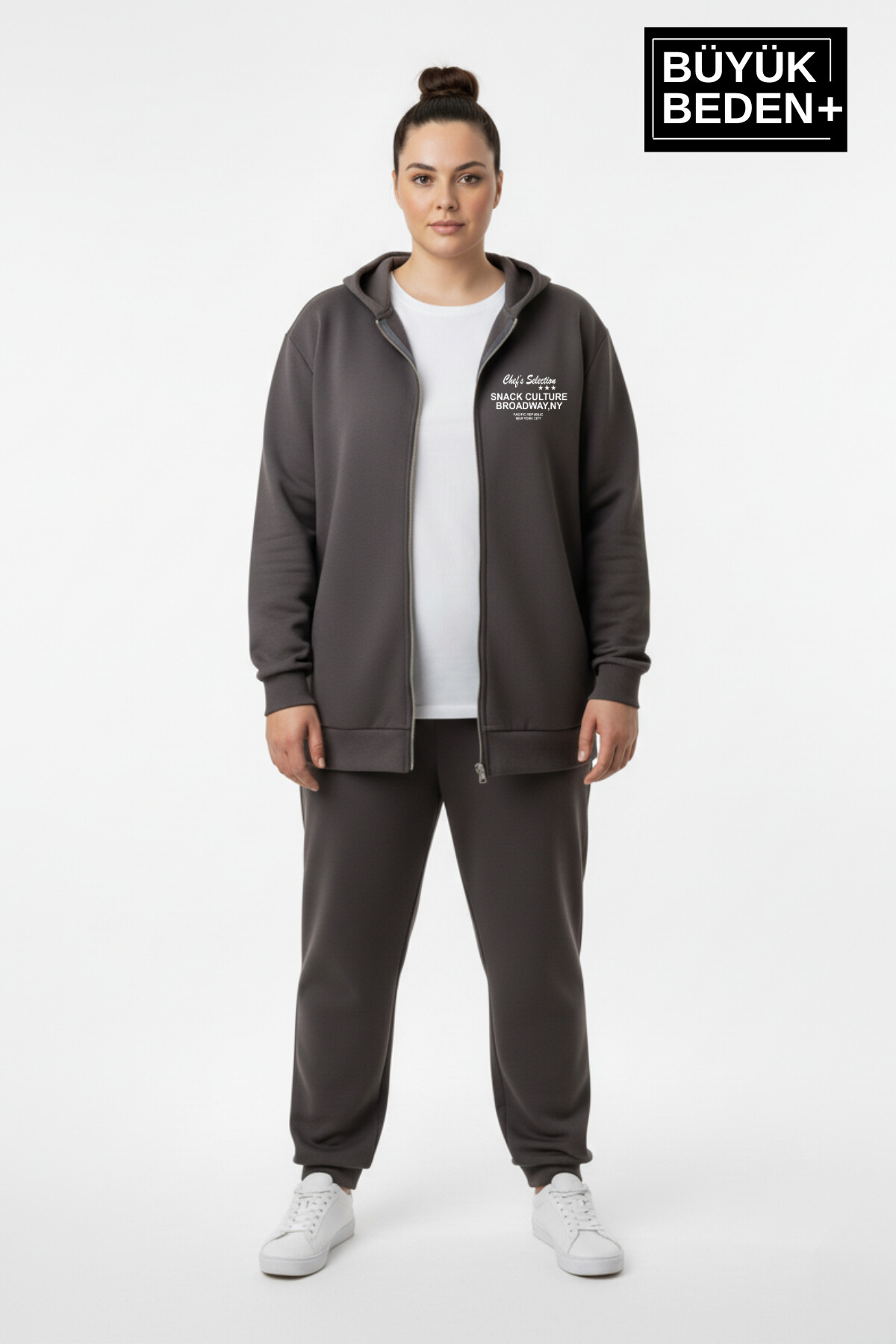 Kadın Büyük Beden Fermuarlı Kapüşonlu Chef Baskılı ince Sweatshirt Hırka - Rahat Kalıp SPR26BHRK921