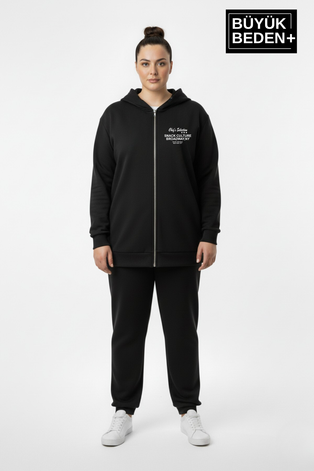 Kadın Büyük Beden Fermuarlı Kapüşonlu Chef Baskılı ince Sweatshirt Hırka - Rahat Kalıp SPR26BHRK921