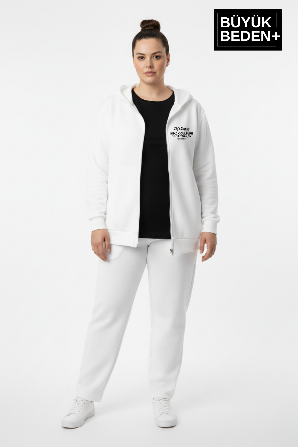Kadın Büyük Beden Fermuarlı Kapüşonlu Chef Baskılı ince Sweatshirt Hırka - Rahat Kalıp SPR26BHRK921