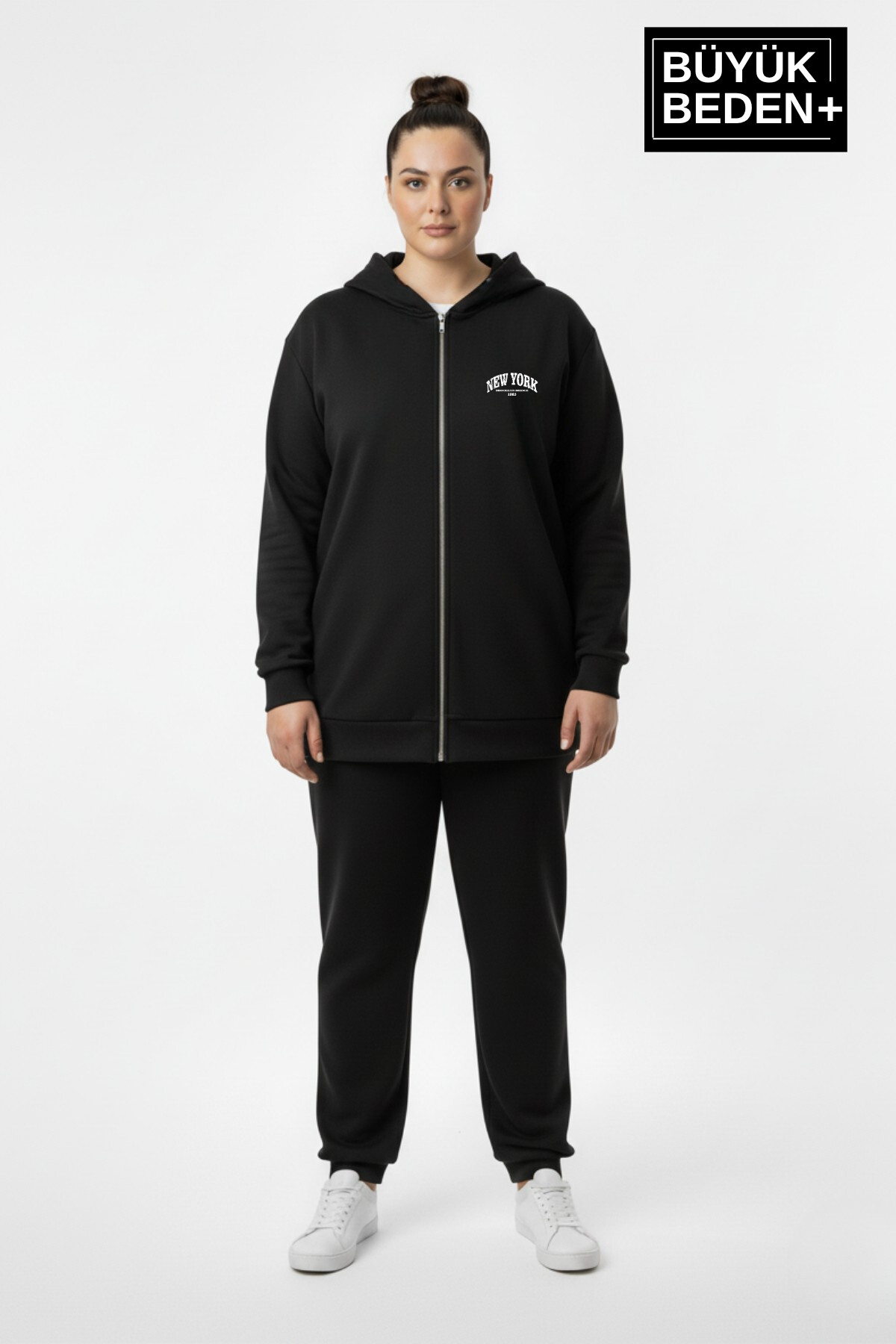 Kadın Büyük Beden Fermuarlı Kapüşonlu New York Baskılı ince Sweatshirt Hırka SPR26BHR923