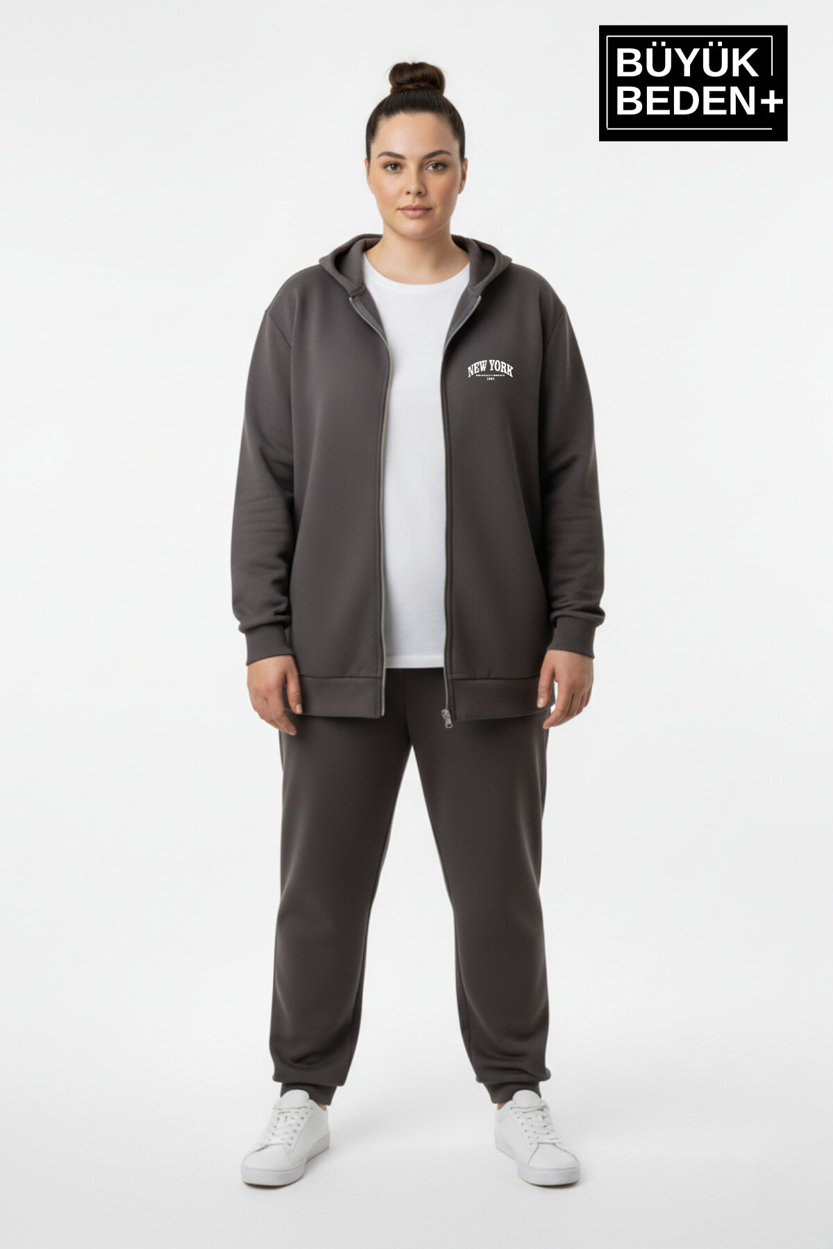 Kadın Büyük Beden Fermuarlı Kapüşonlu New York Baskılı ince Sweatshirt Hırka SPR26BHR923