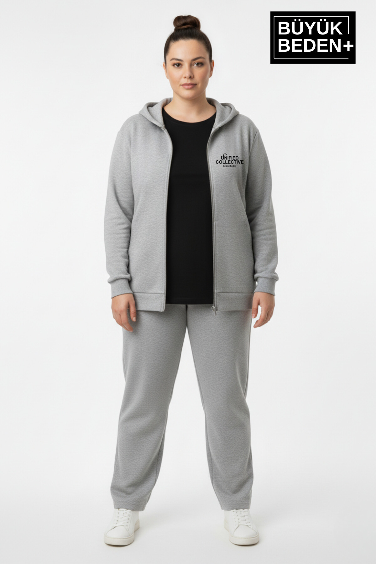 Kadın Büyük Beden  Fermuarlı Kapüşonlu Unified Baskılı ince Sweatshirt Hırka SPR26BHRK924