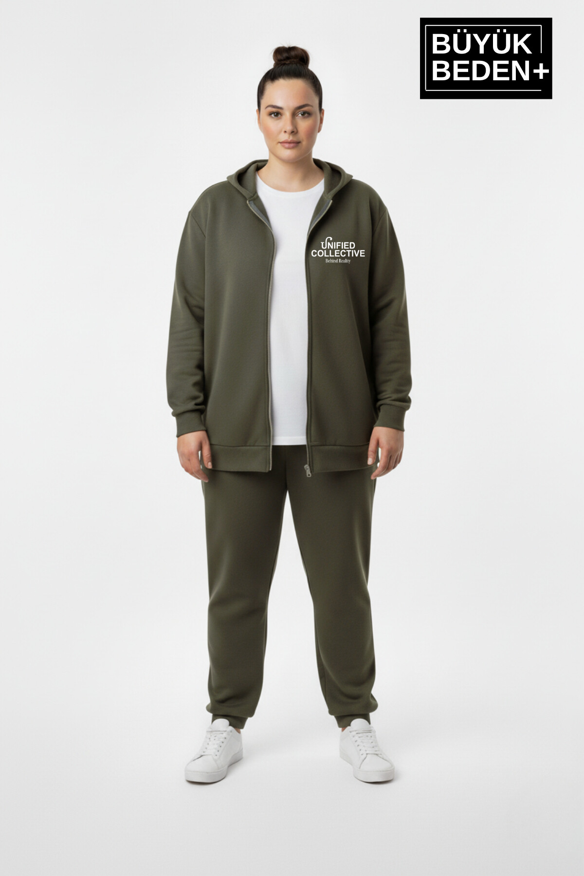 Kadın Büyük Beden  Fermuarlı Kapüşonlu Unified Baskılı ince Sweatshirt Hırka SPR26BHRK924