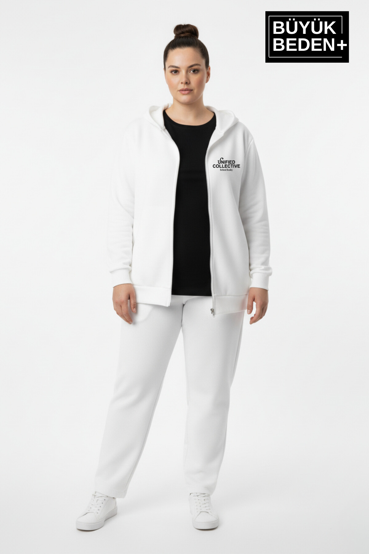 Kadın Büyük Beden  Fermuarlı Kapüşonlu Unified Baskılı ince Sweatshirt Hırka SPR26BHRK924