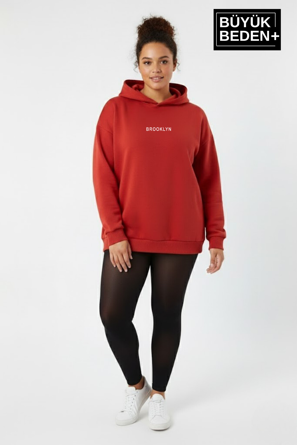 Kadın Büyük Beden Kapüşonlu Brooklyn Baskılı ince Sweatshirt SPR26BSWK961
