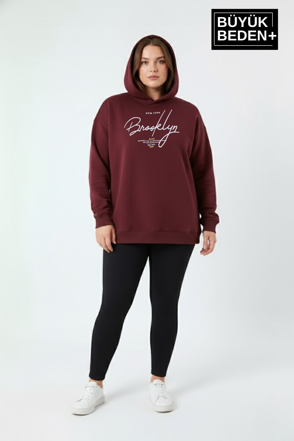 Kadın Büyük Beden Kapüşonlu El yazılı Brooklyn Baskılı  ince Sweatshirt SPR26BSWK958
