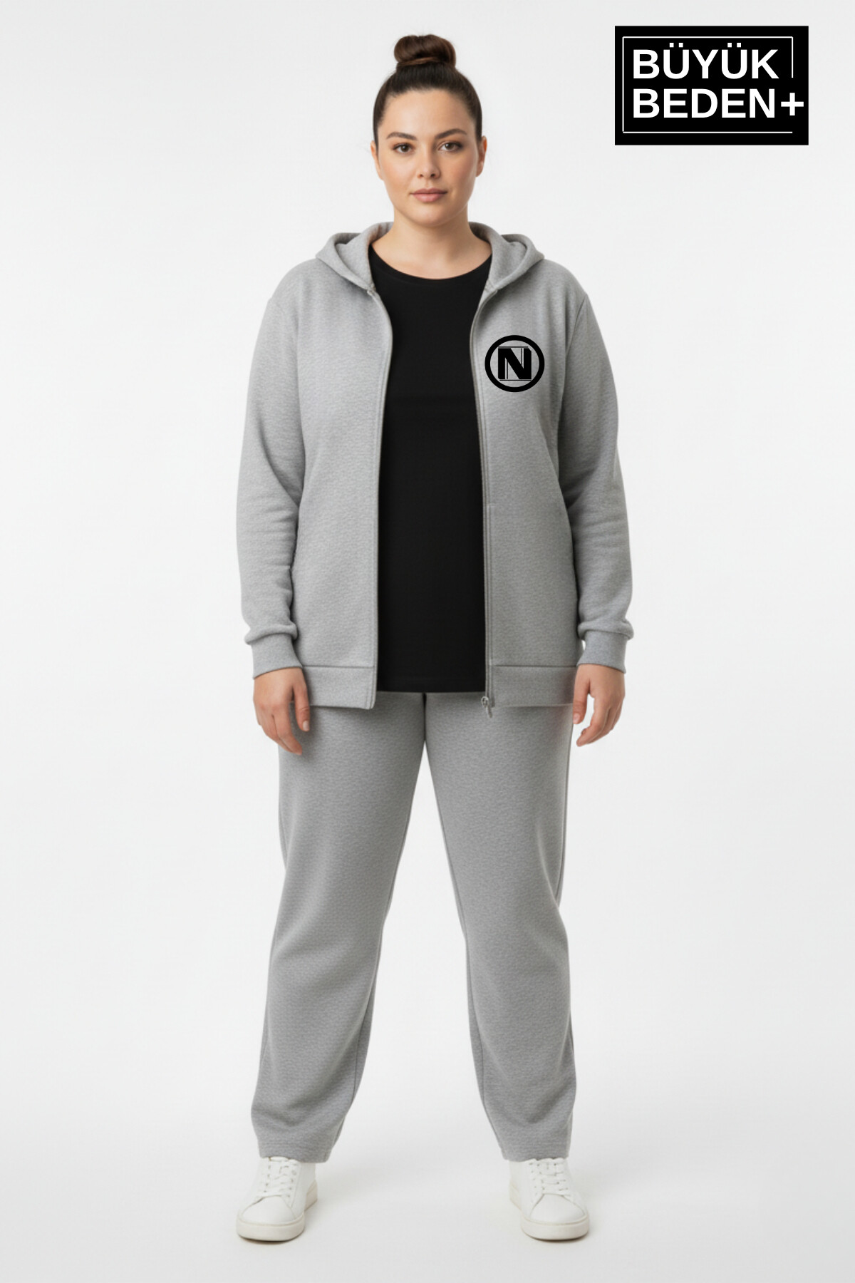 Kadın Büyük Beden Kapüşonlu Fermuarlı N Baskılı ince Sweatshirt Hırka SPR26BHRK922