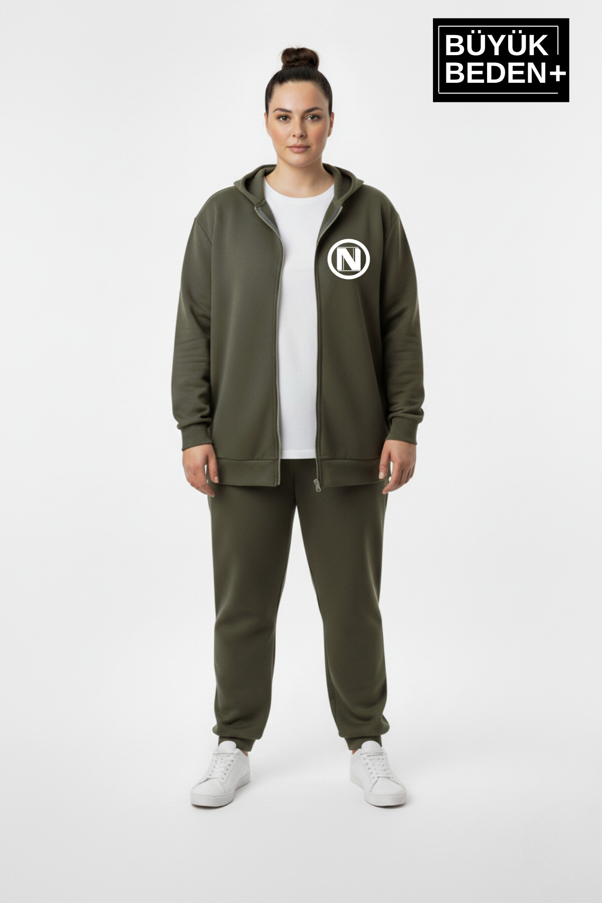 Kadın Büyük Beden Kapüşonlu Fermuarlı N Baskılı ince Sweatshirt Hırka SPR26BHRK922