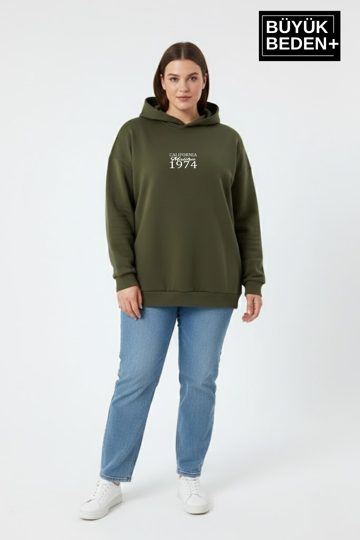 Kadın Büyük Beden California 1974 Baskılı Kapüşonlu ince Sweat – Rahat Kalıp Hoodie SPR26BSWK965