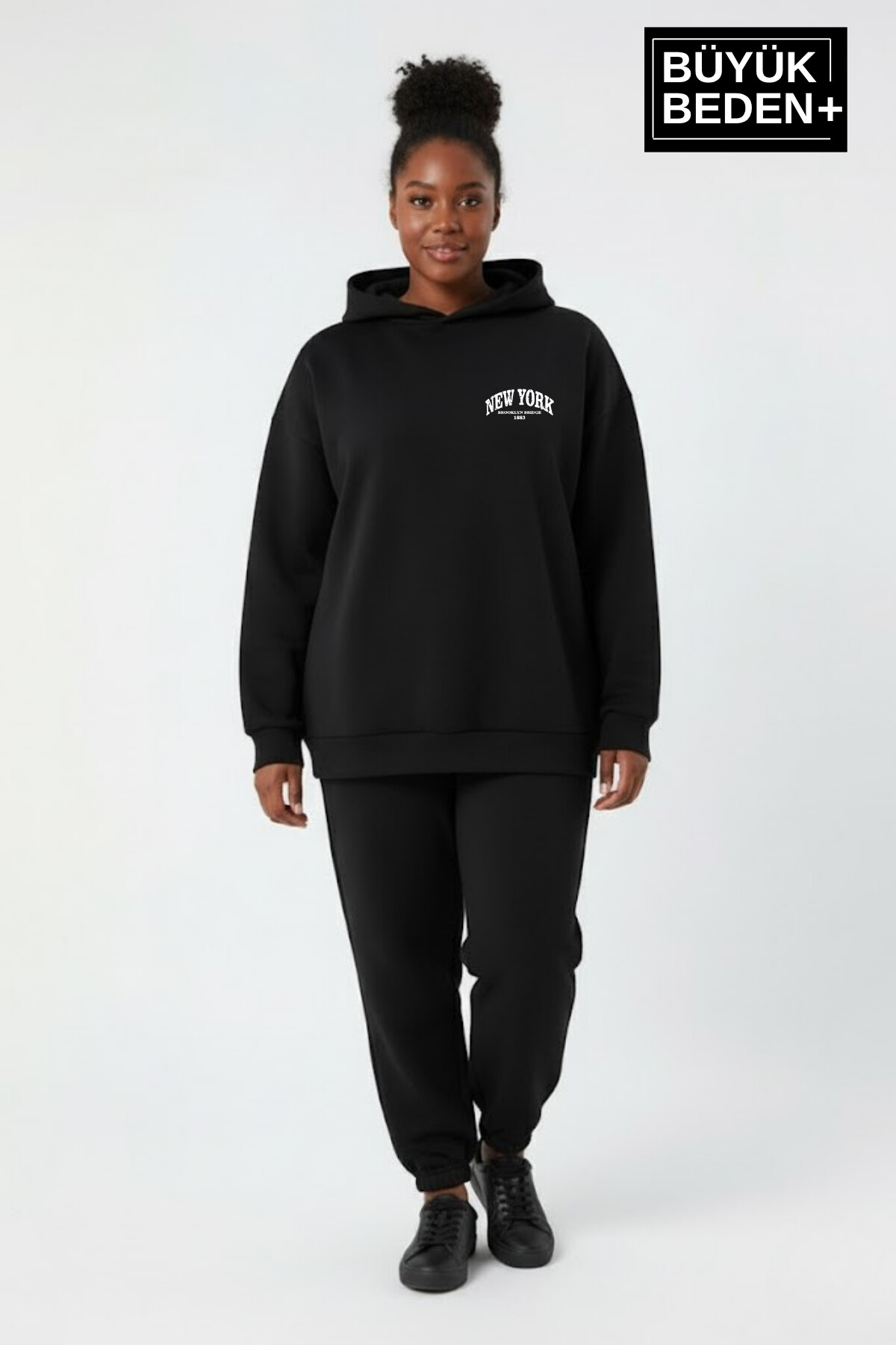 Kadın Büyük Beden New York Baskılı Kapüşonlu ince Sweatshirt SPR26BSWK962