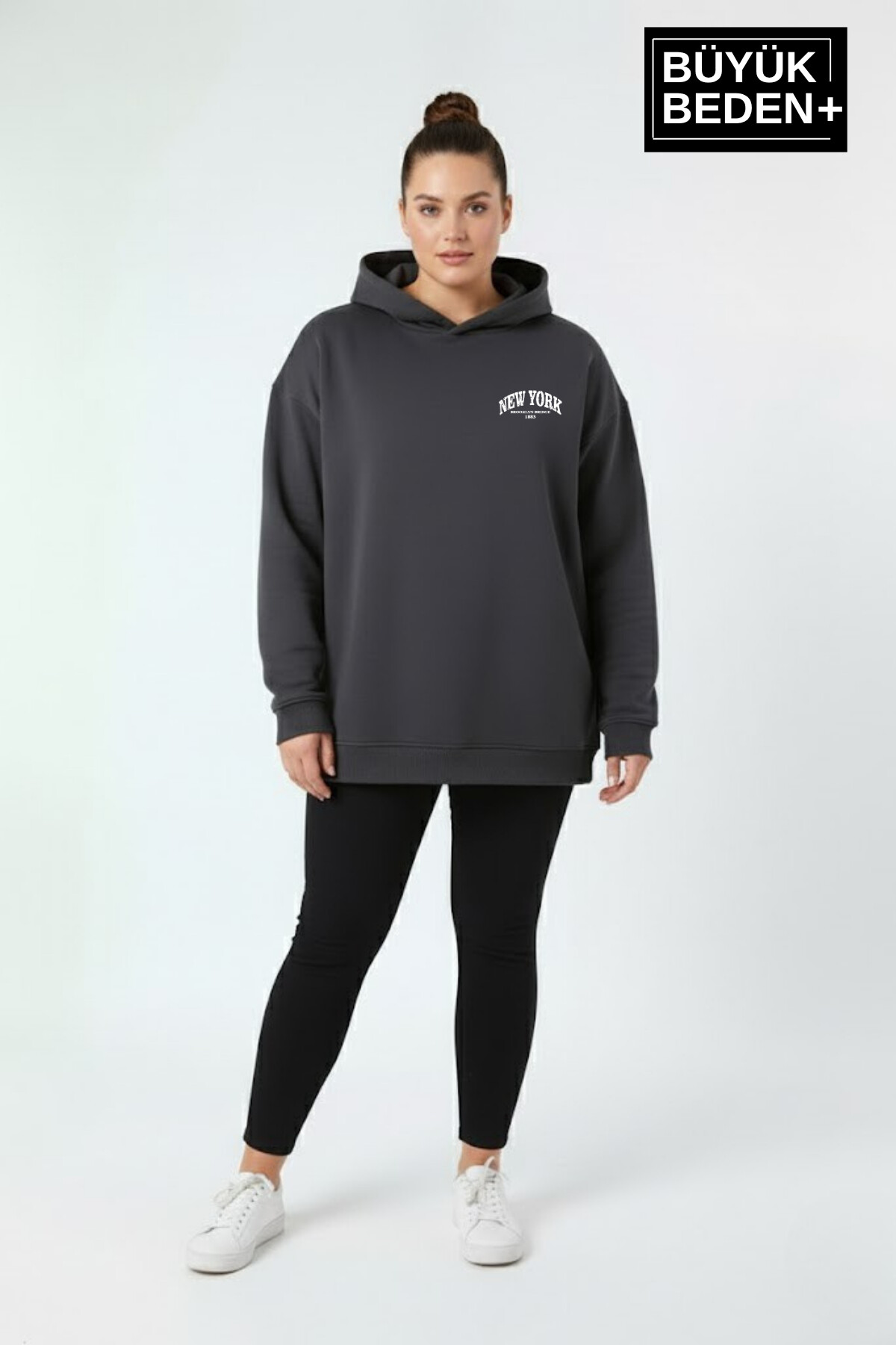 Kadın Büyük Beden New York Baskılı Kapüşonlu ince Sweatshirt SPR26BSWK962