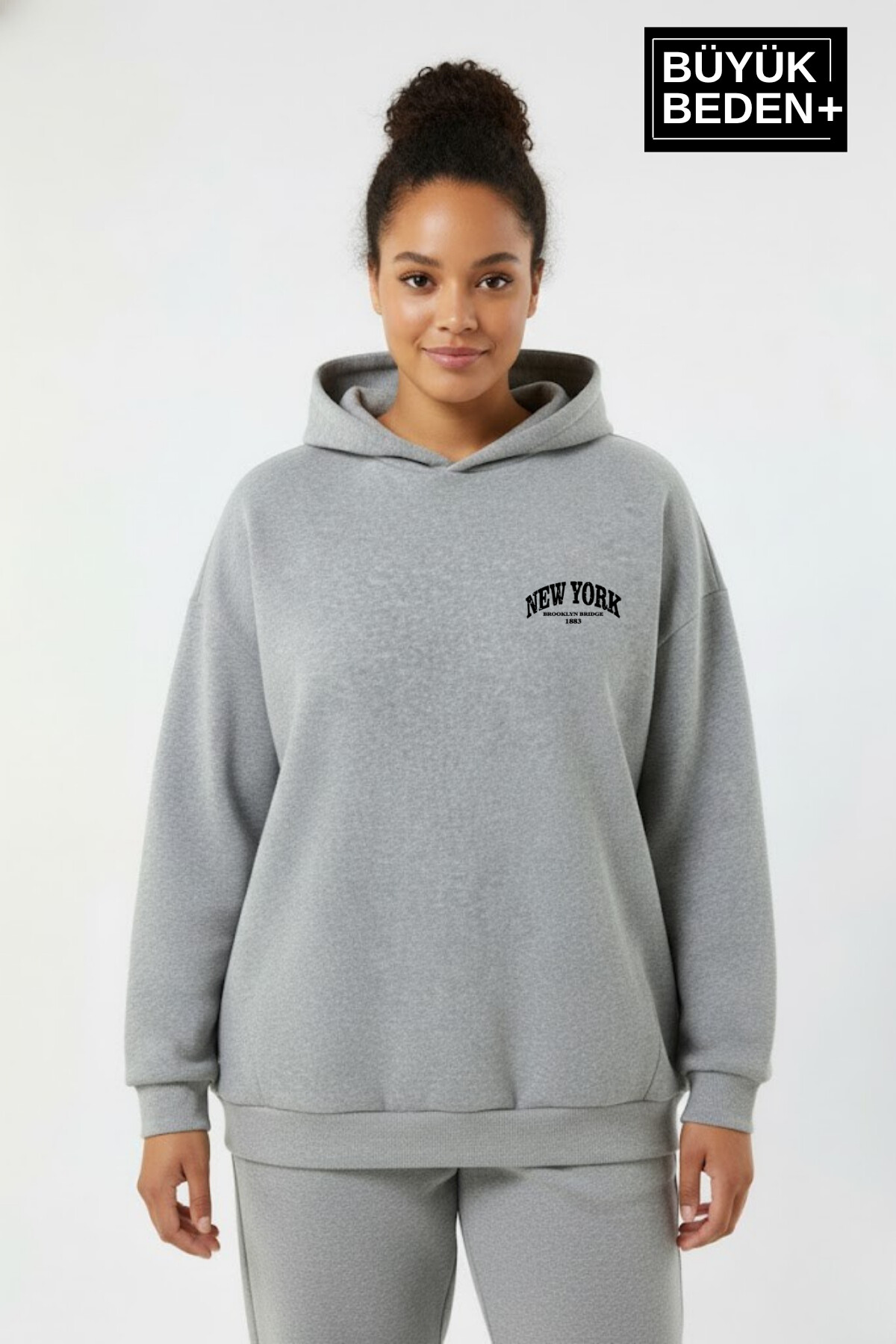 Kadın Büyük Beden New York Baskılı Kapüşonlu ince Sweatshirt SPR26BSWK962