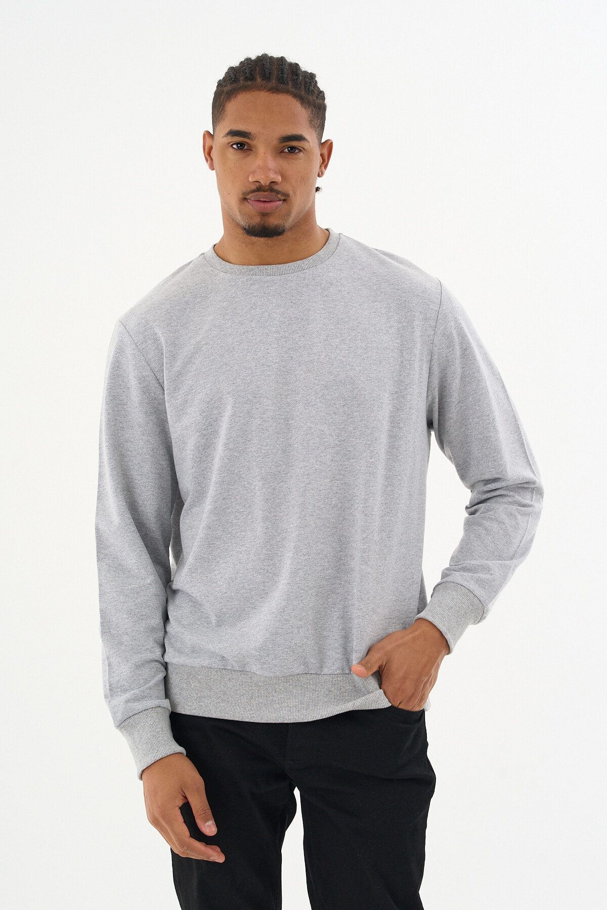 Süperlife Erkek Gri Bisiklet Yaka Ribanalı Regular Fit Sweatshirt spr26swk930