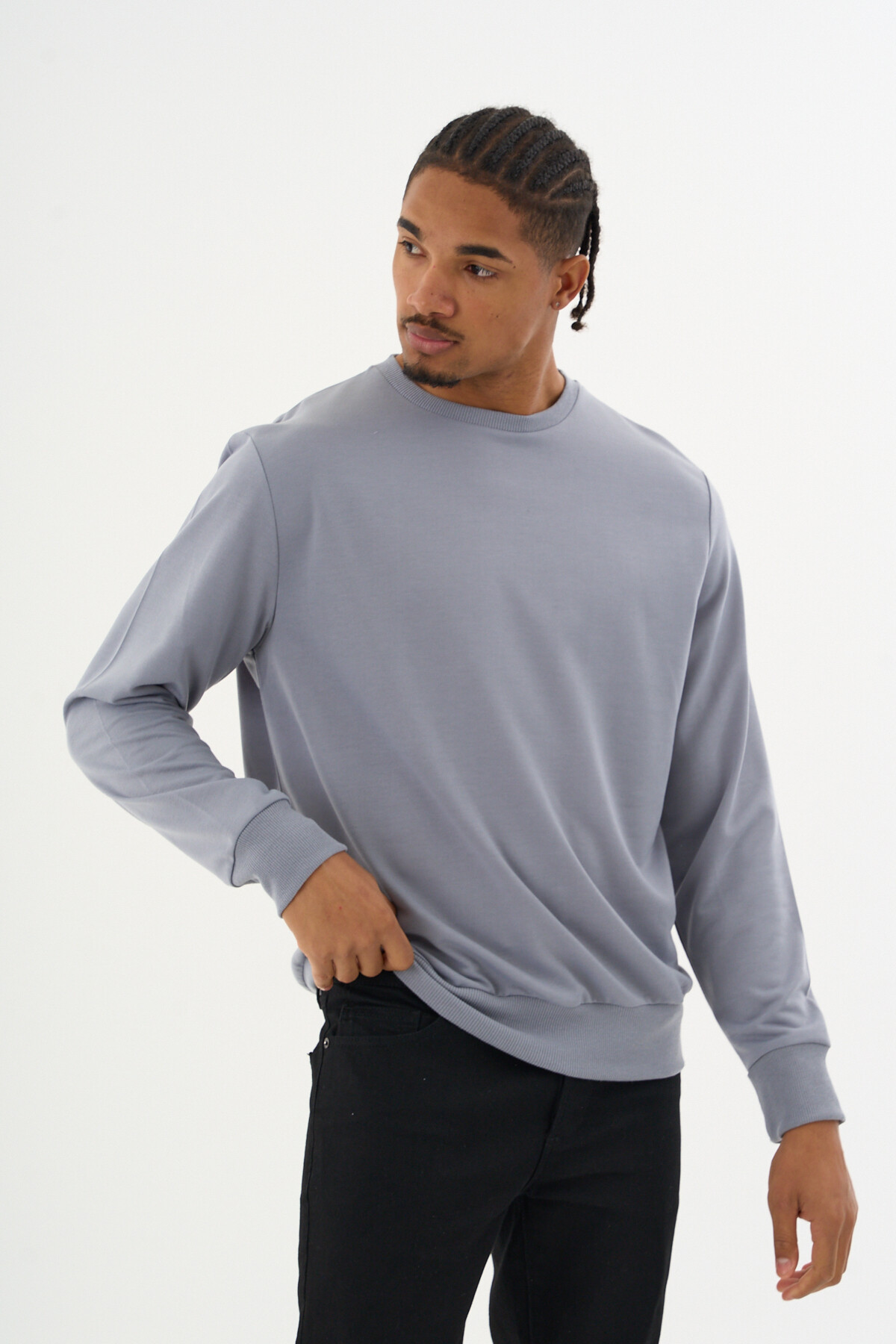 Süperlife Erkek Gri Bisiklet Yaka Ribanalı Regular Fit Sweatshirt spr26swk930