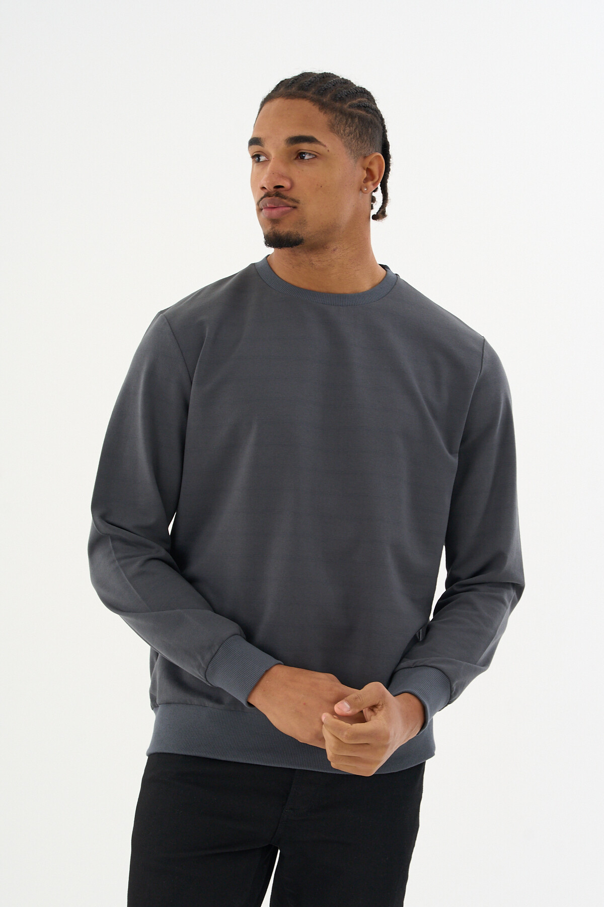 Süperlife Erkek Gri Bisiklet Yaka Ribanalı Regular Fit Sweatshirt spr26swk930