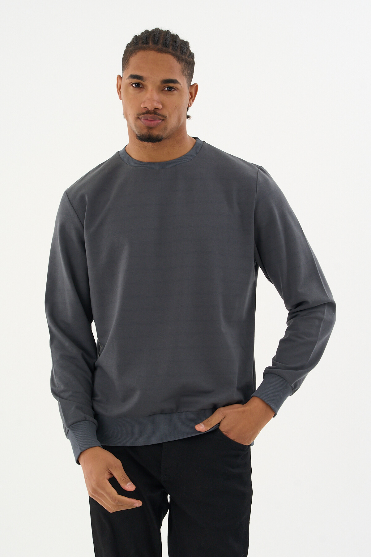 Süperlife Erkek Gri Bisiklet Yaka Ribanalı Regular Fit Sweatshirt spr26swk930