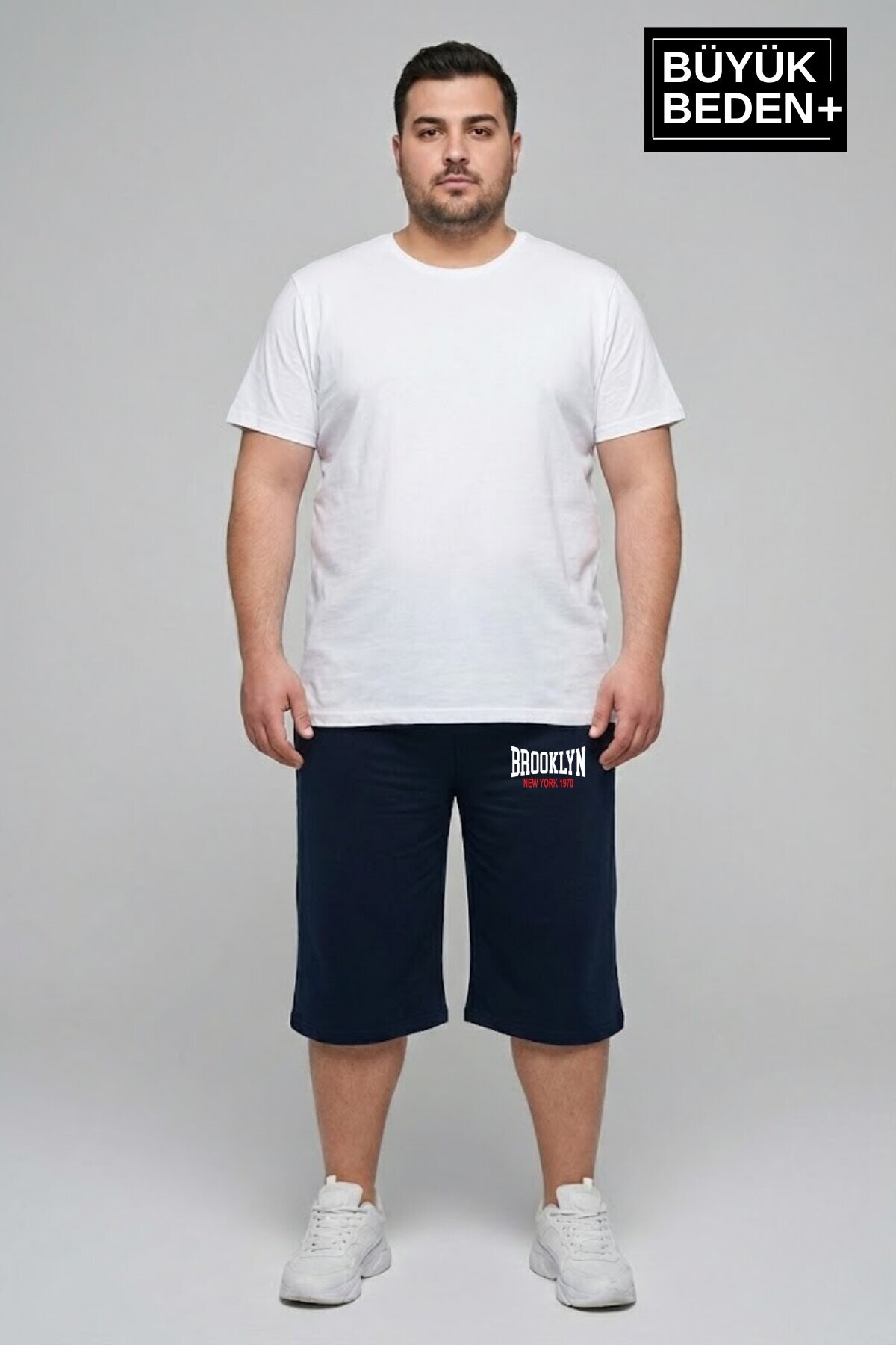 Büyük Beden Erkek 3XL-6XL Rahat Kalıp Cepli Brooklyn 1970 Baskılı Penye Kapri  Şort SPR26BSR591-03