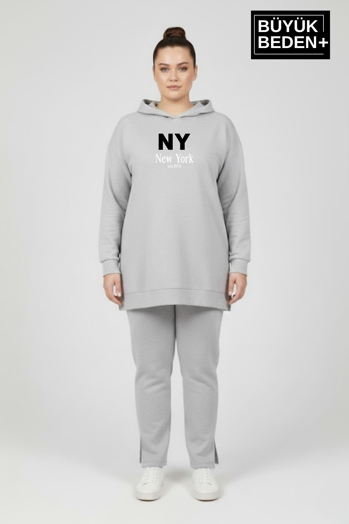 Büyük Beden Kapşonlu NY Newyork Baskılı Tunik ince Sweatshırt  SPR26BTK991-1