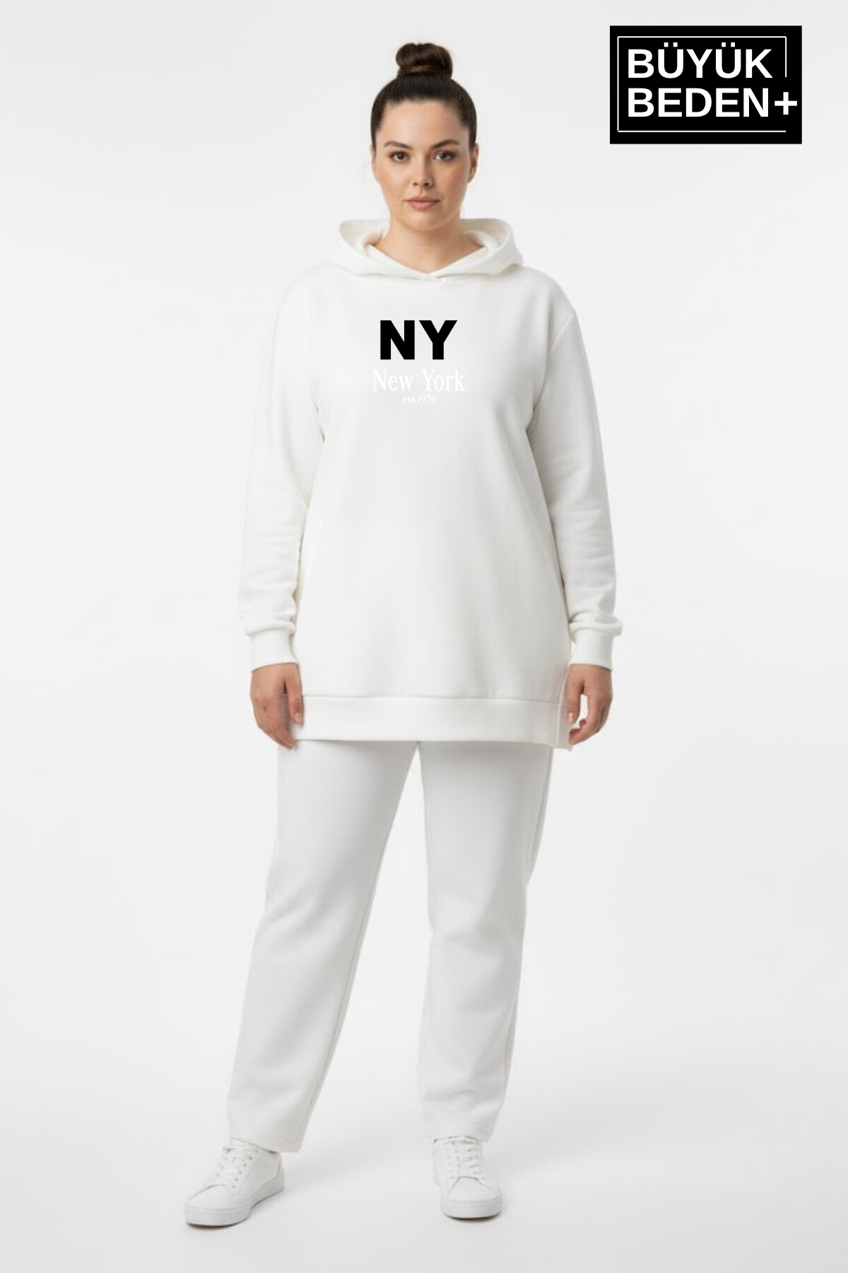 Büyük Beden Kapşonlu NY Newyork Baskılı Tunik ince Sweatshırt  SPR26BTK991-1