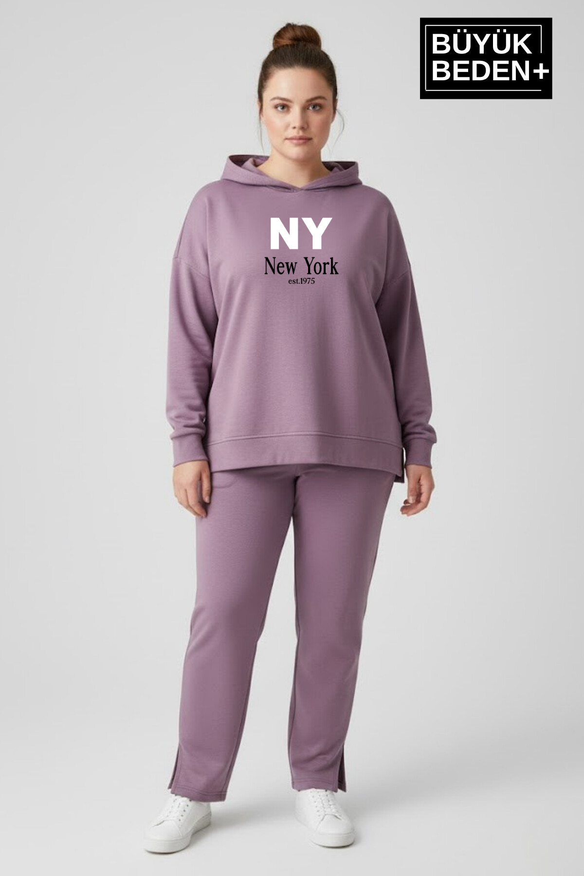 Büyük Beden Kapşonlu NY Newyork Baskılı Tunik ince Sweatshırt  SPR26BTK991-1