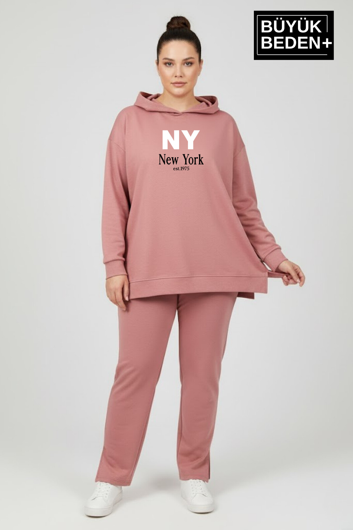 Büyük Beden Kapşonlu NY Newyork Baskılı Tunik ince Sweatshırt  SPR26BTK991-1