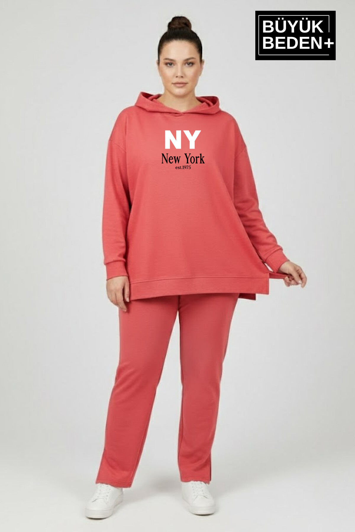 Büyük Beden Kapşonlu NY Newyork Baskılı Tunik ince Sweatshırt  SPR26BTK991-1