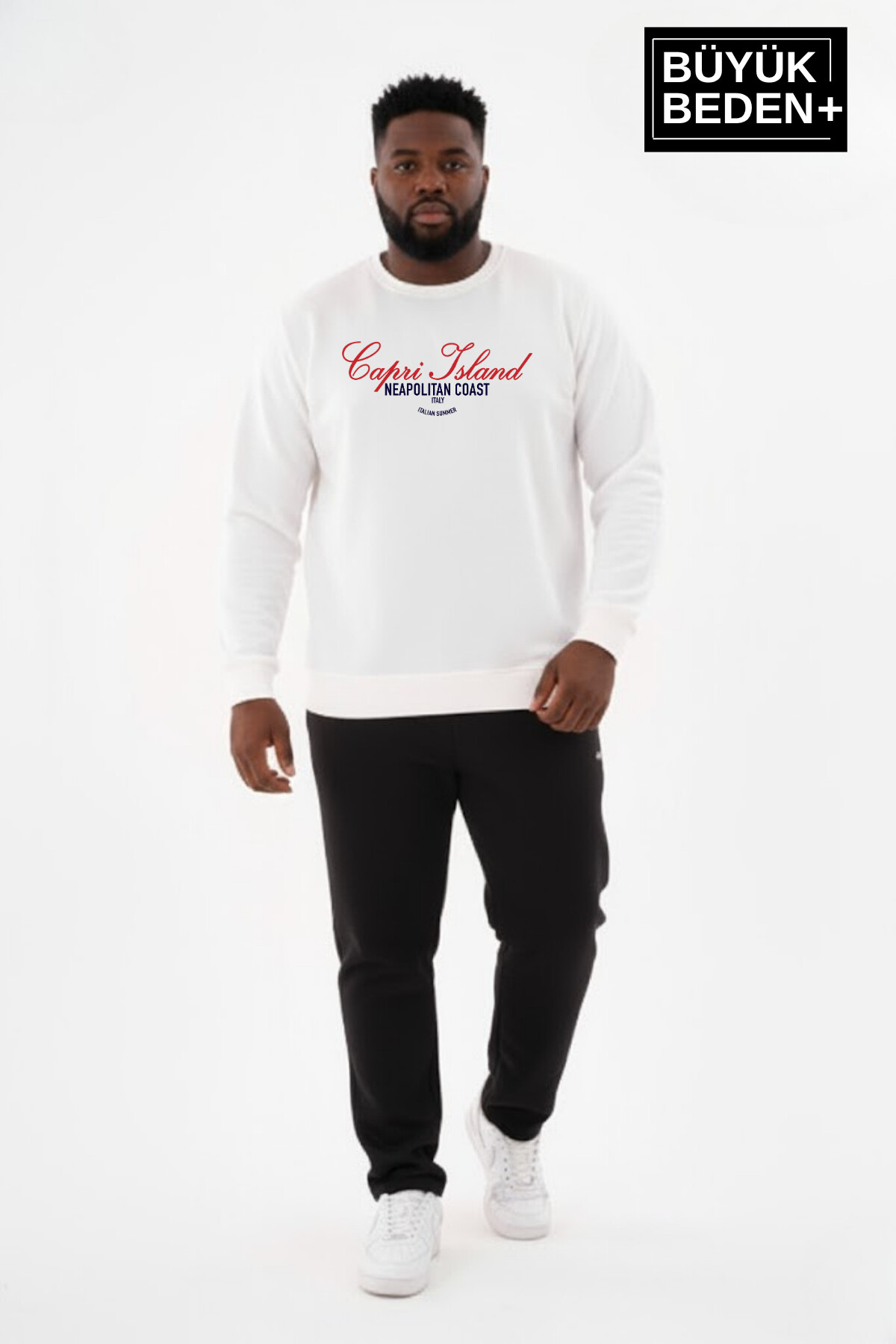 Erkek Büyük Beden Capri Island Baskılı Bisiklet Yaka ince Sweatshirt SPR26BSW956-14