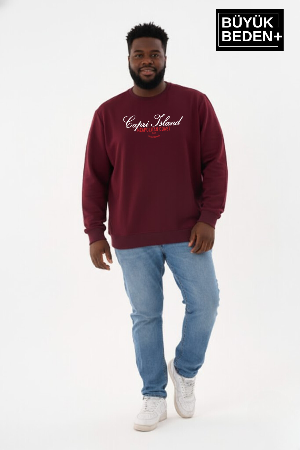 Erkek Büyük Beden Capri Island Baskılı Bisiklet Yaka ince Sweatshirt SPR26BSW956-14