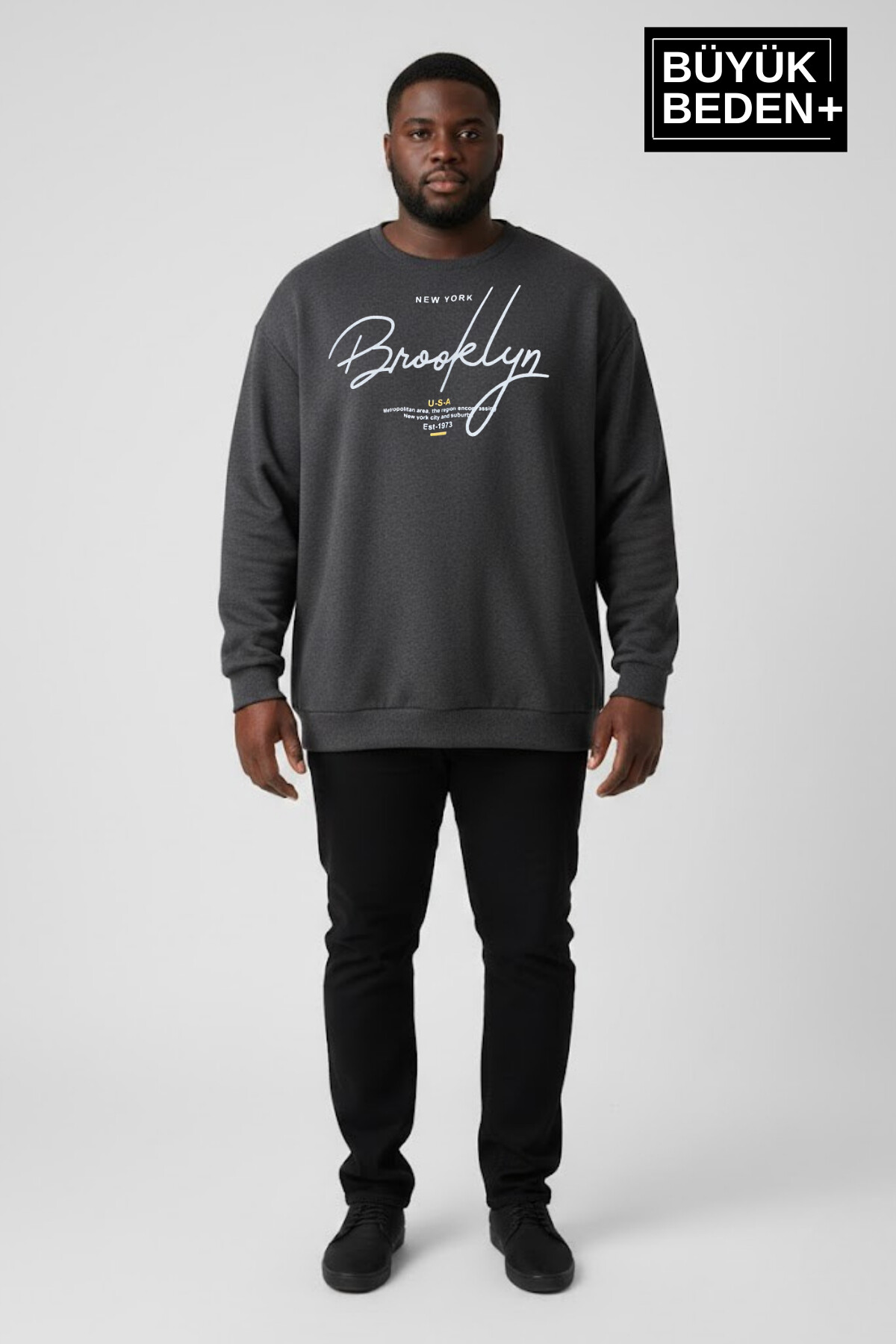 Erkek Büyük Beden El Yazılı Brooklyn Baskılı Bisiklet Yaka İnce Sweatshirt SPR26BSW956-6