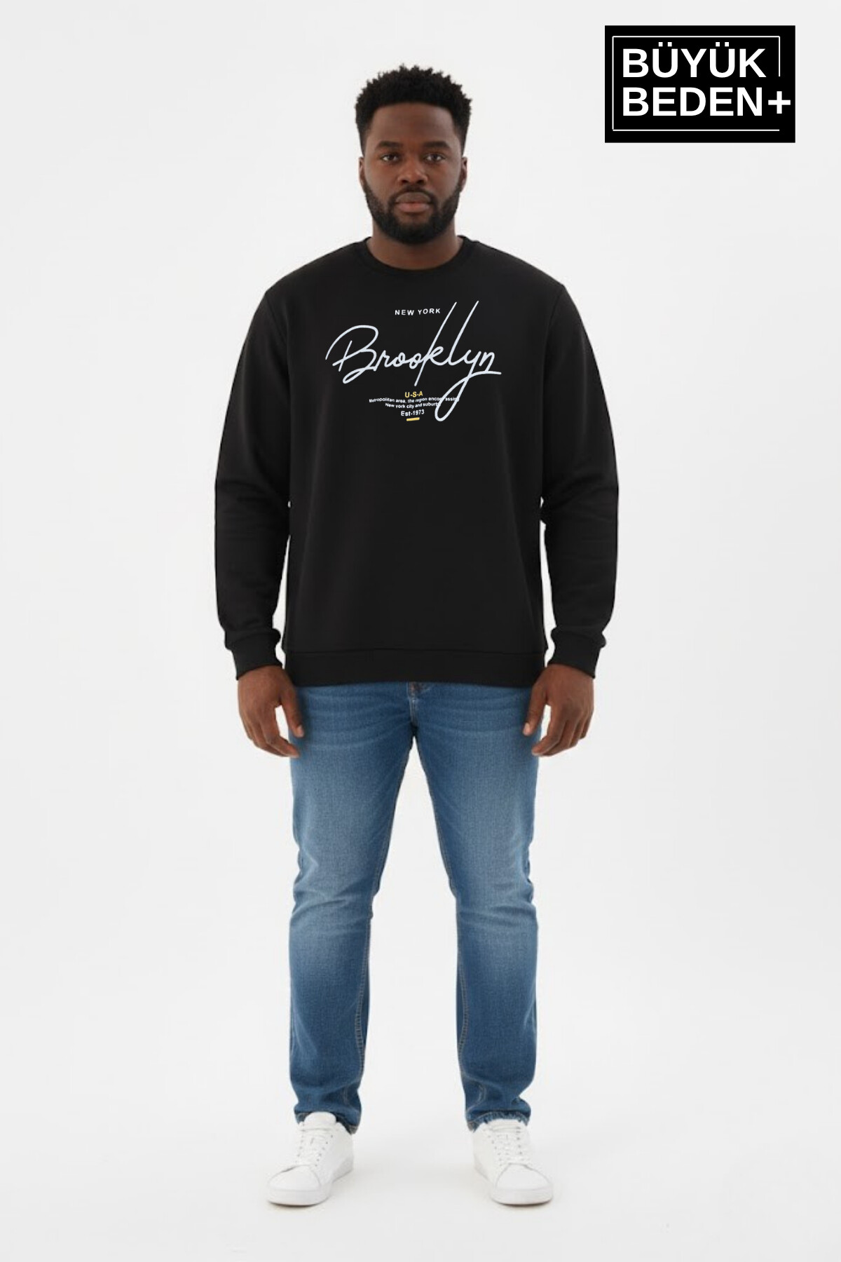 Erkek Büyük Beden El Yazılı Brooklyn Baskılı Bisiklet Yaka İnce Sweatshirt SPR26BSW956-6
