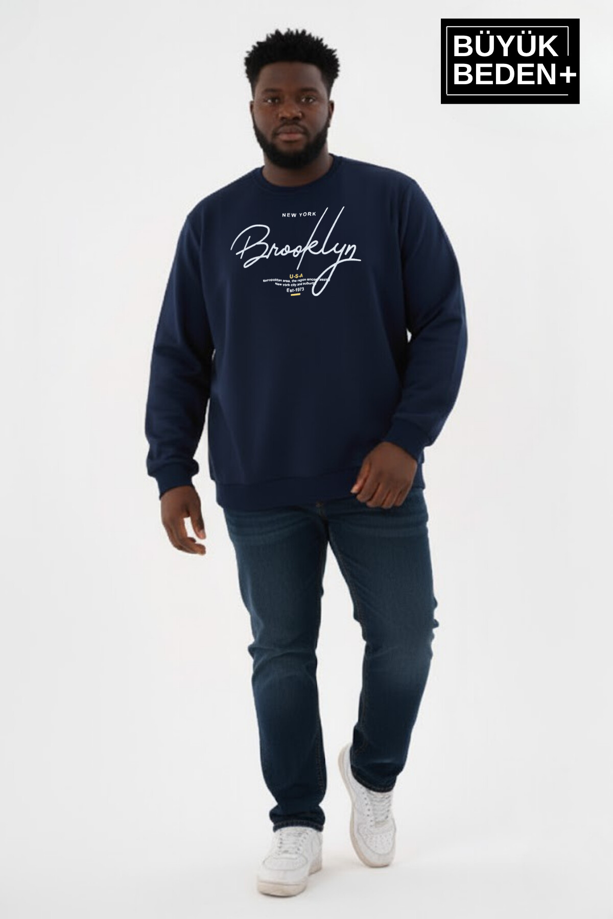 Erkek Büyük Beden El Yazılı Brooklyn Baskılı Bisiklet Yaka İnce Sweatshirt SPR26BSW956-6