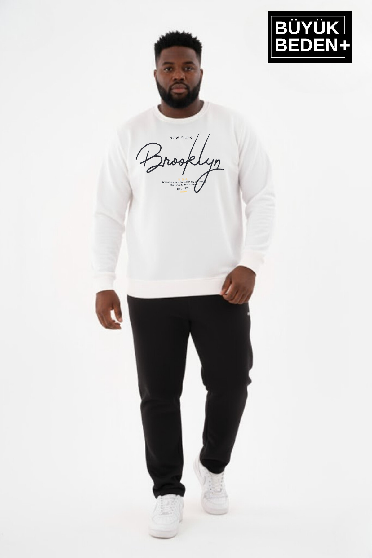 Erkek Büyük Beden El Yazılı Brooklyn Baskılı Bisiklet Yaka İnce Sweatshirt SPR26BSW956-6