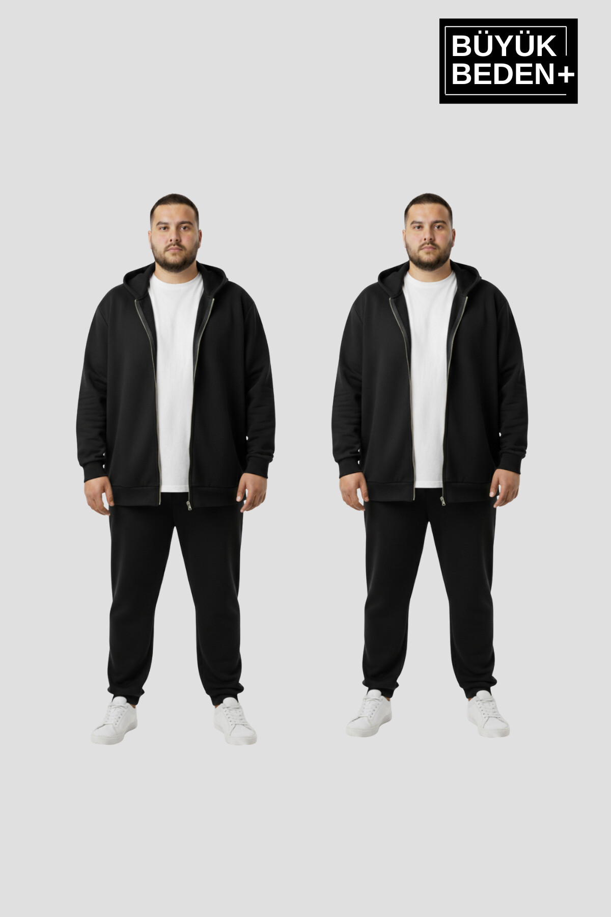 Erkek Büyük Beden Fermuarlı Kapüşonlu 2li Set ince Sweatshirt Hırka - Rahat Kalıp SPR26BHR960+2