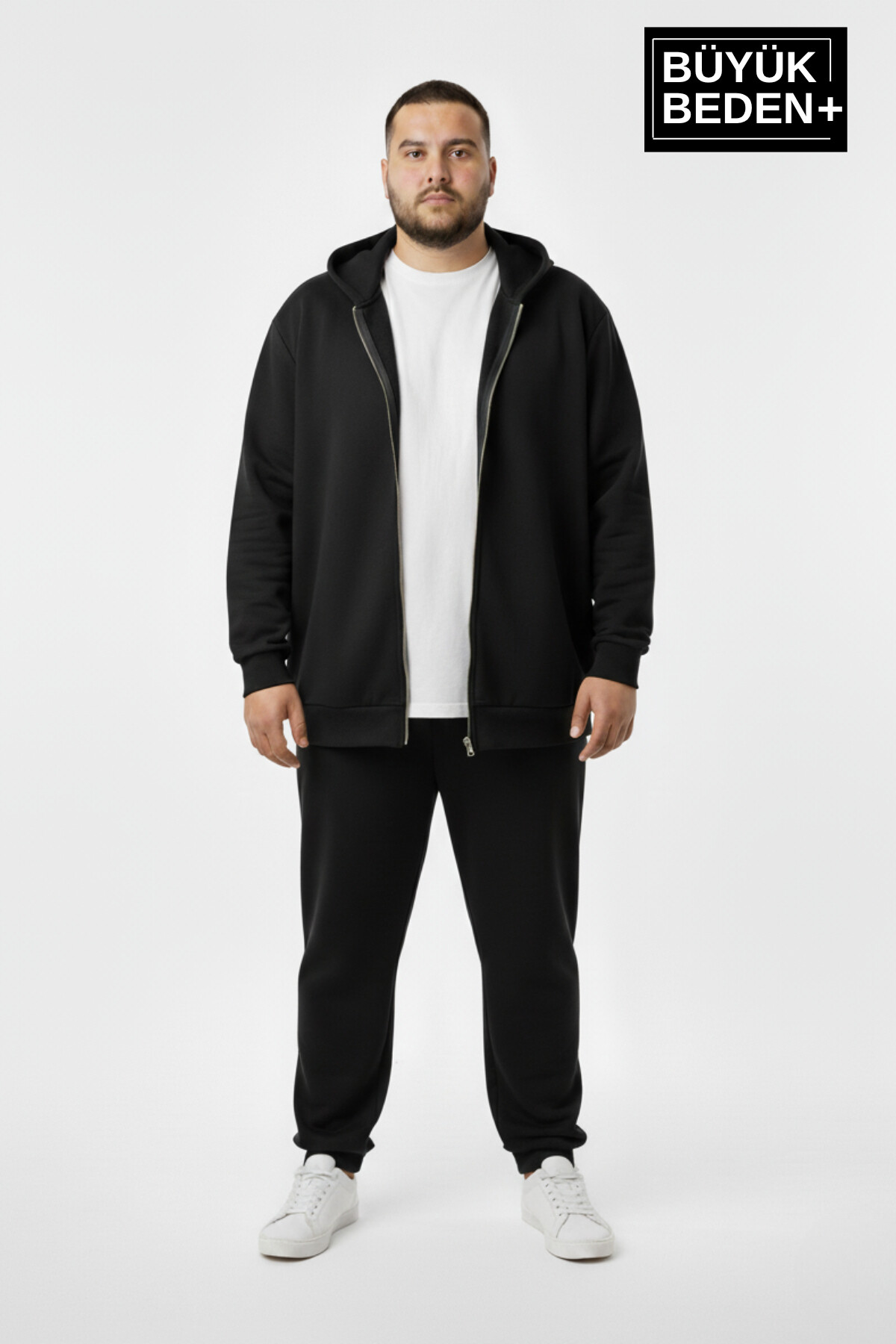 Erkek Büyük Beden Fermuarlı Kapüşonlu 2li Set ince Sweatshirt Hırka - Rahat Kalıp SPR26BHR960+2
