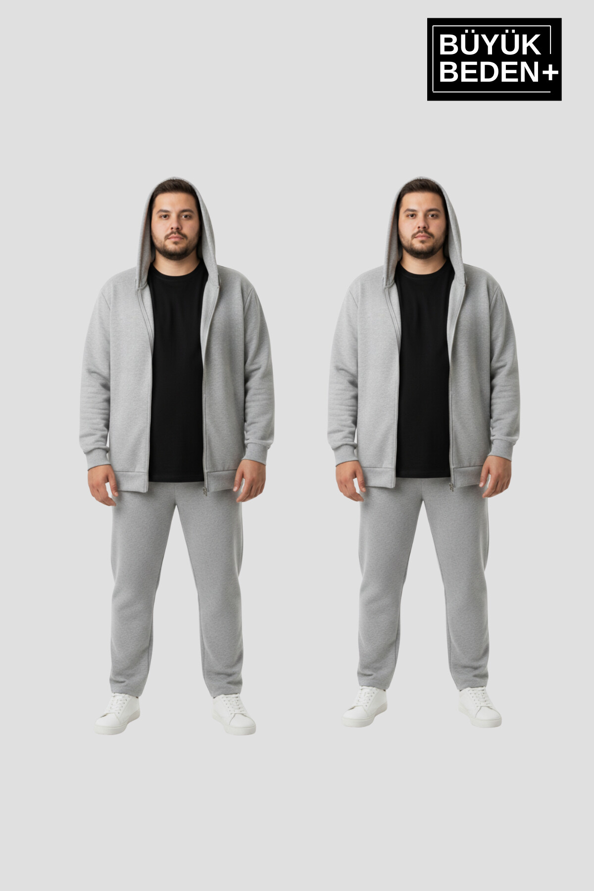 Erkek Büyük Beden Fermuarlı Kapüşonlu 2li Set ince Sweatshirt Hırka - Rahat Kalıp SPR26BHR960+2