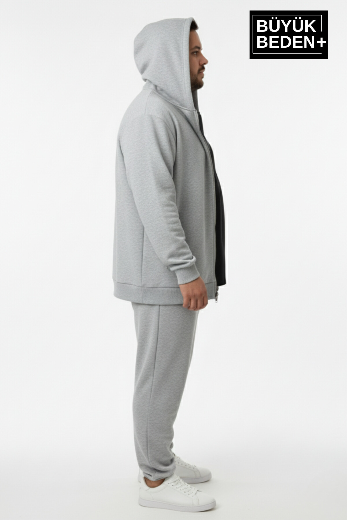 Erkek Büyük Beden Fermuarlı Kapüşonlu 2li Set ince Sweatshirt Hırka - Rahat Kalıp SPR26BHR960+2
