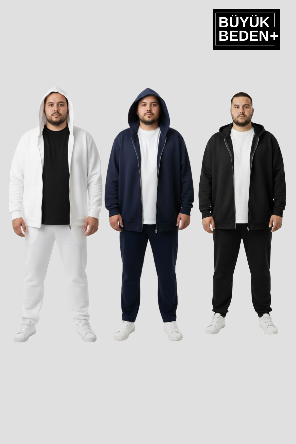 Erkek Büyük Beden Fermuarlı Kapüşonlu 3 lü Set ince Sweatshirt Hırka - Rahat Kalıp SPR26BHR960+3
