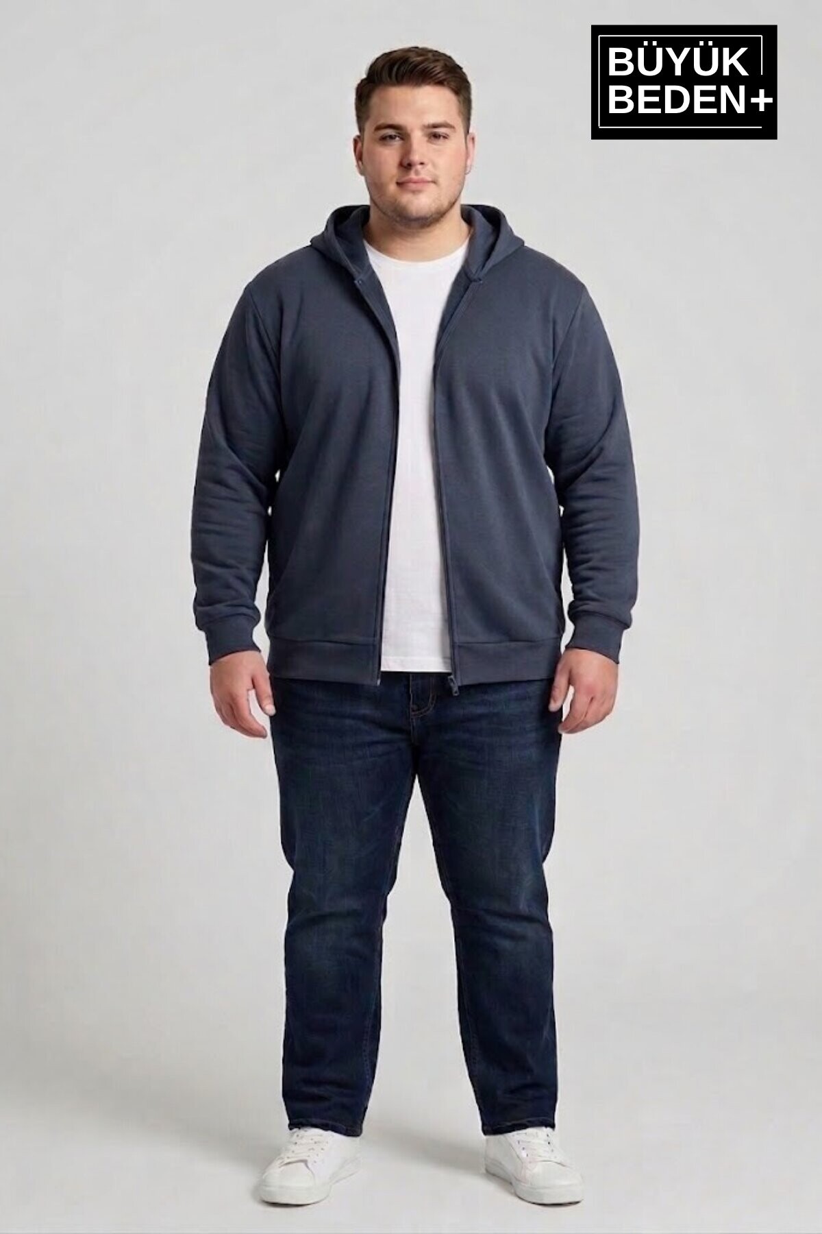 Erkek Büyük Beden Fermuarlı Kapüşonlu ince Sweatshirt Hırka - Rahat Kalıp SPR26BHR960