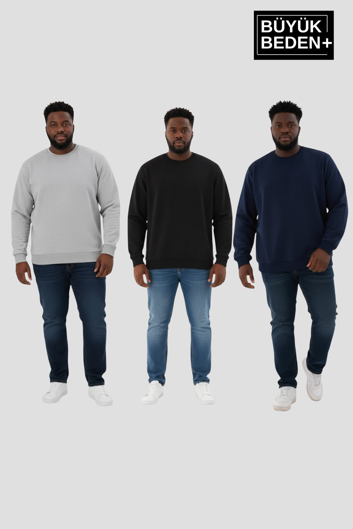 Erkek Büyük Beden Bisiklet Yaka 3lü Set -Rahat Kalıp İnce Sweatshirt SPR26BSW956+3