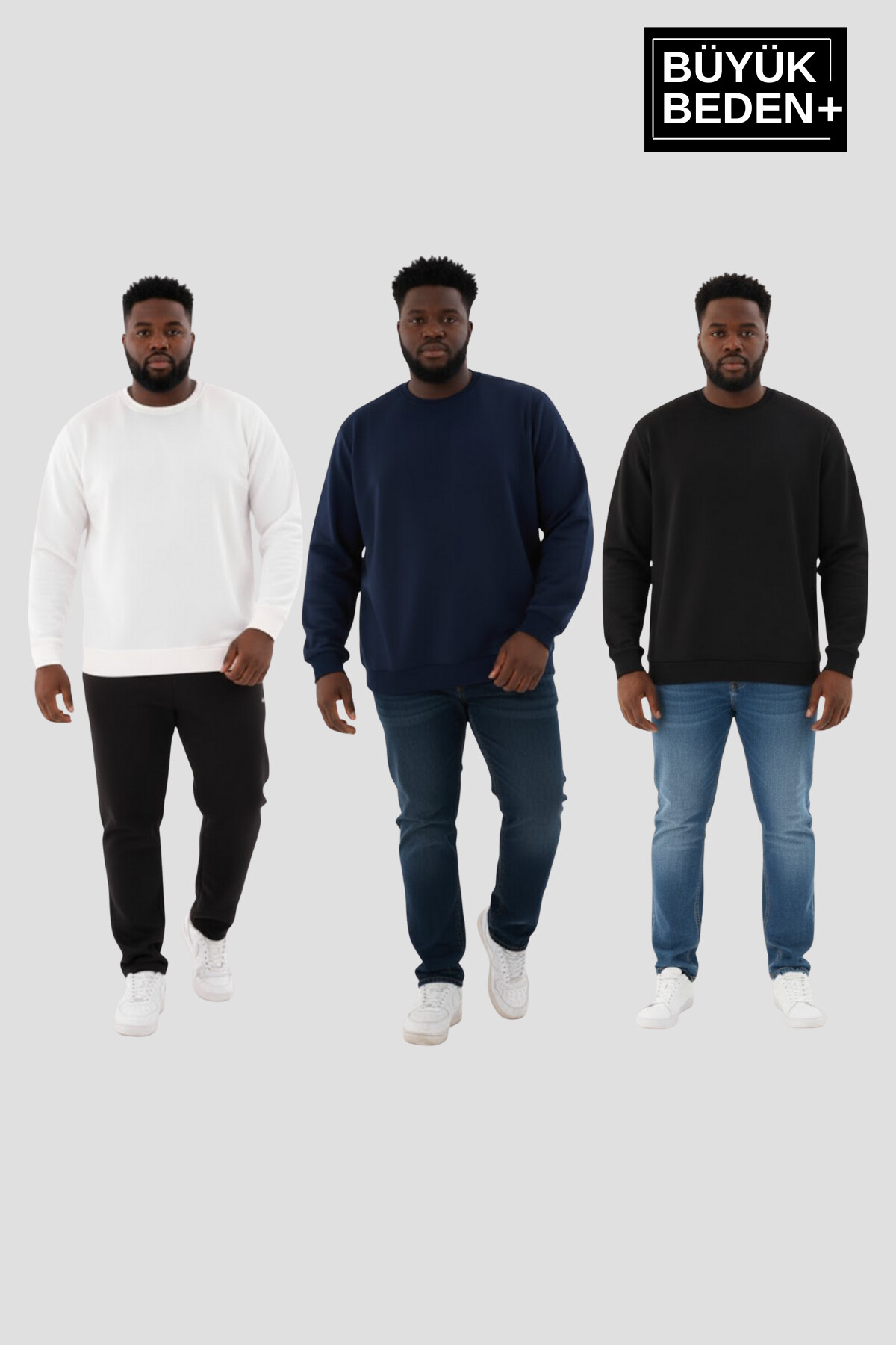 Erkek Büyük Beden Bisiklet Yaka 3lü Set -Rahat Kalıp İnce Sweatshirt SPR26BSW956+3