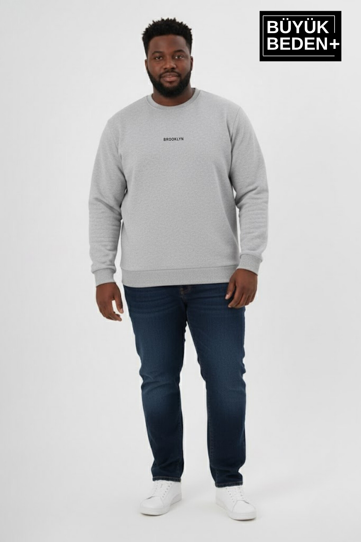 Erkek Büyük Beden Orta Brooklyn Baskılı Bisiklet Yaka İnce Sweatshirt SPR26BSW956-8