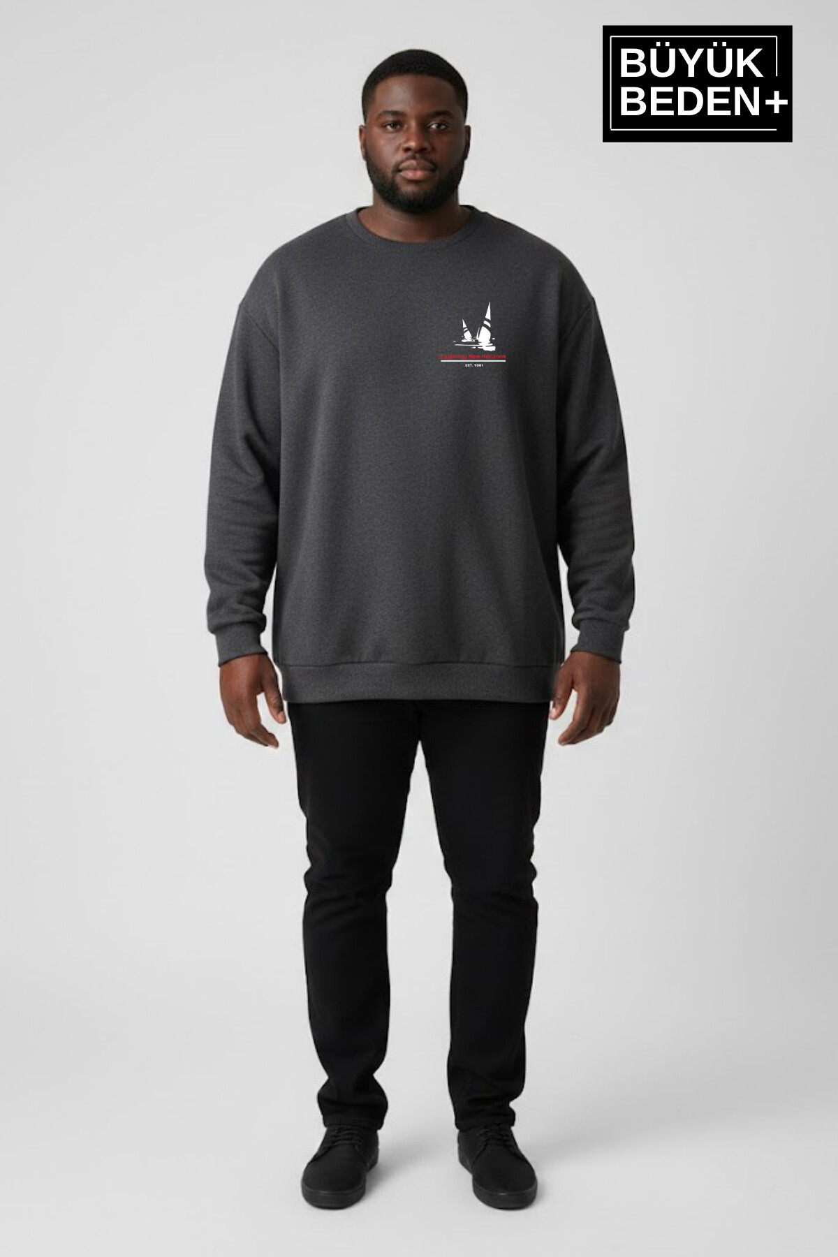 Erkek Büyük Beden Yelken Baskılı Bisiklet Yaka ince Sweatshirt SPR26BSW956-11