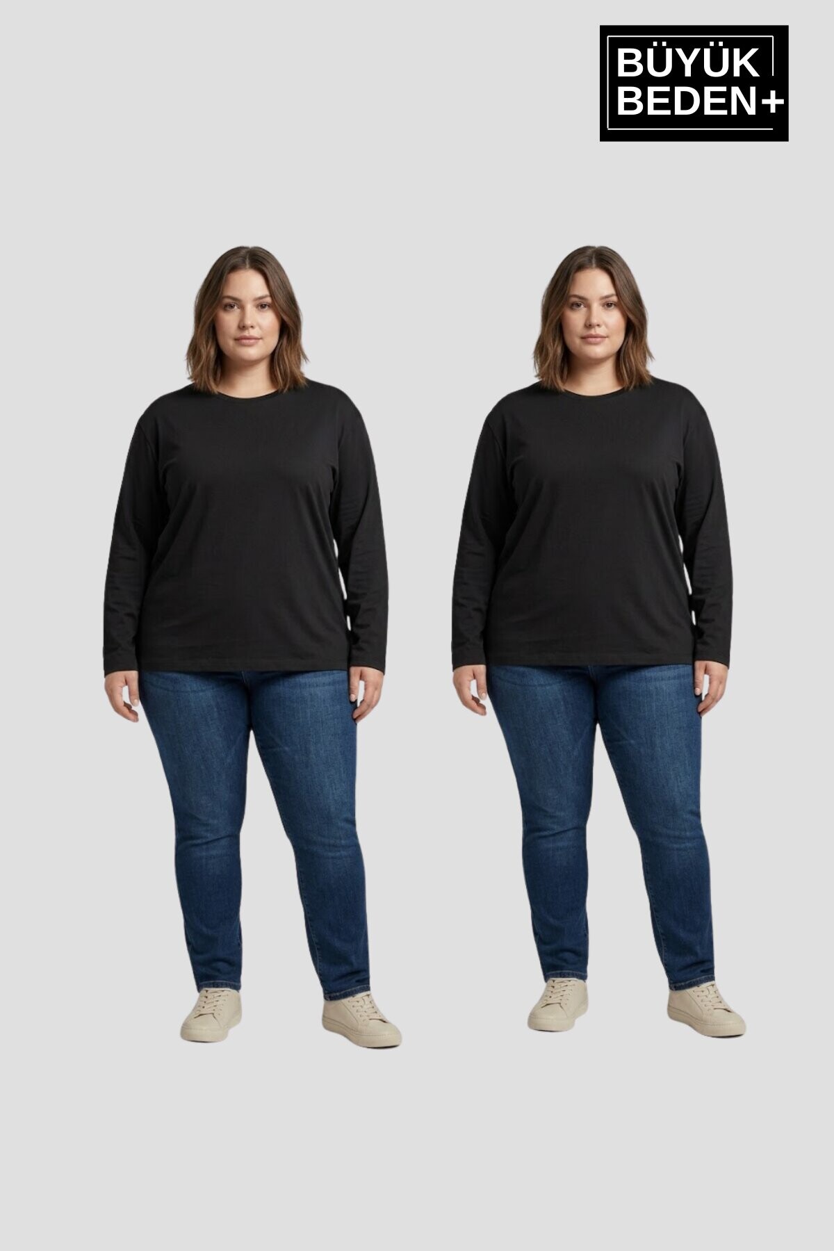 Superlife Kadın Büyük Beden 2li Set ince Penye Bisiklet Yaka Tişört SPR26BTS942+2
