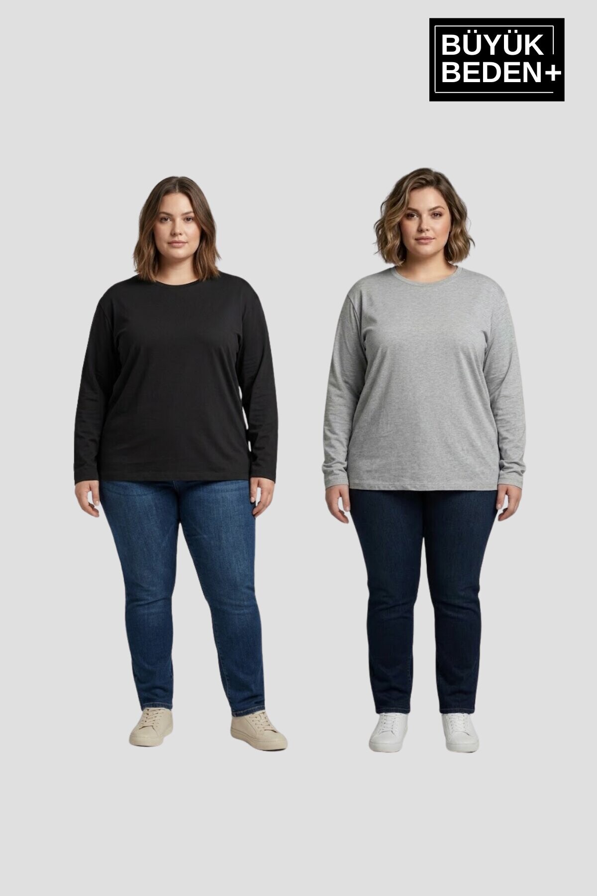 Superlife Kadın Büyük Beden 2li Set ince Penye Bisiklet Yaka Tişört SPR26BTS942+2