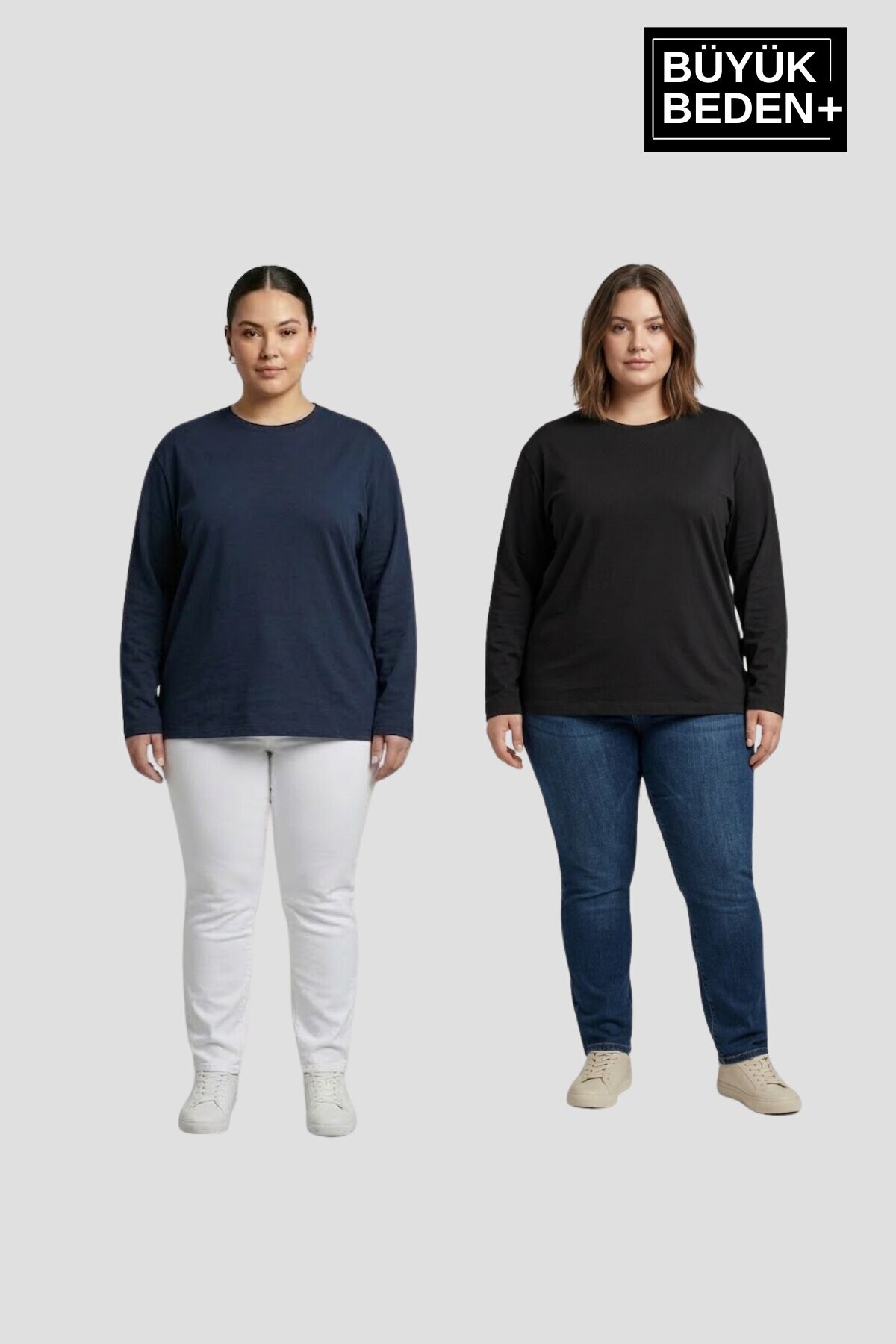 Superlife Kadın Büyük Beden 2li Set ince Penye Bisiklet Yaka Tişört SPR26BTS942+2