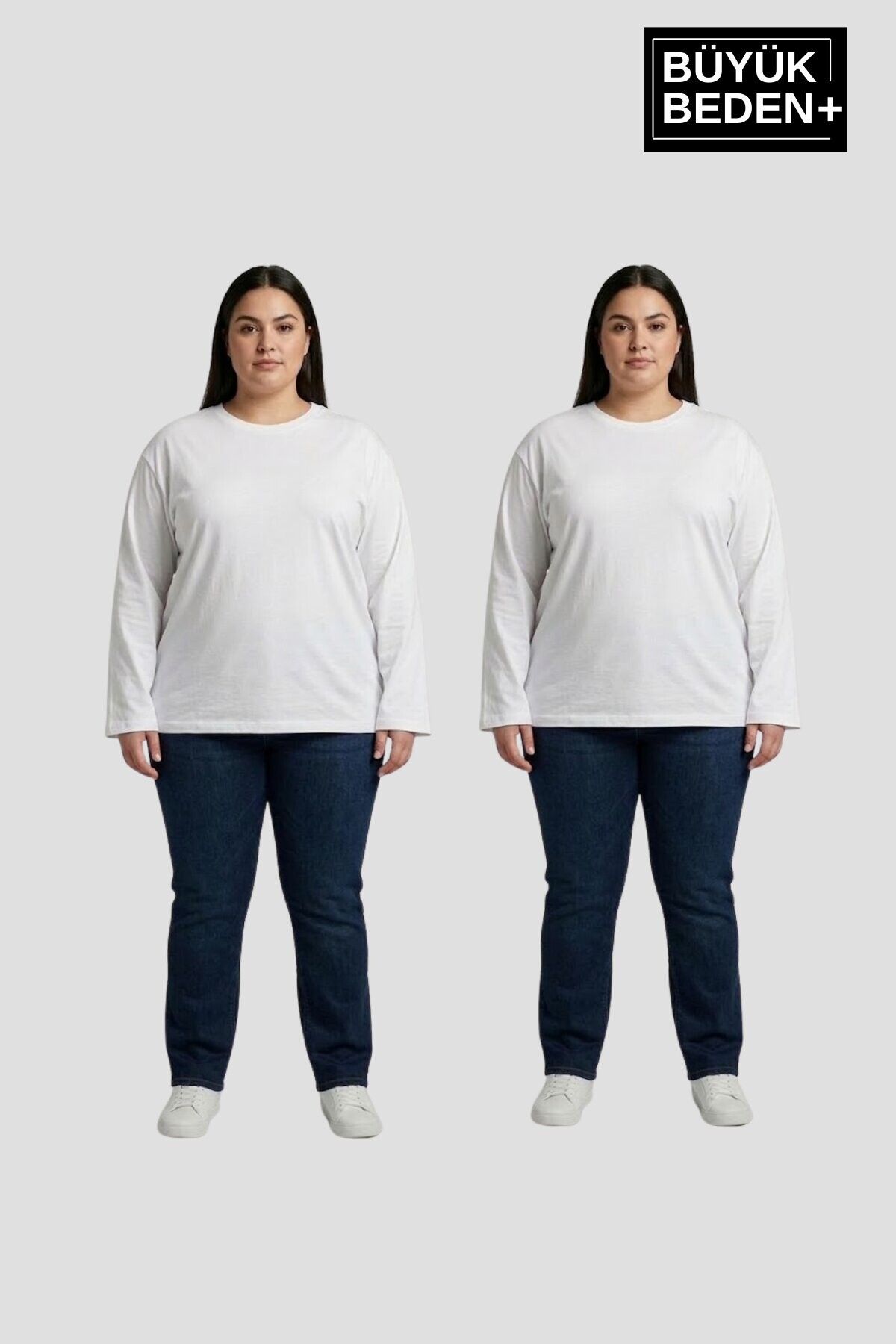 Superlife Kadın Büyük Beden 2li Set ince Penye Bisiklet Yaka Tişört SPR26BTS942+2